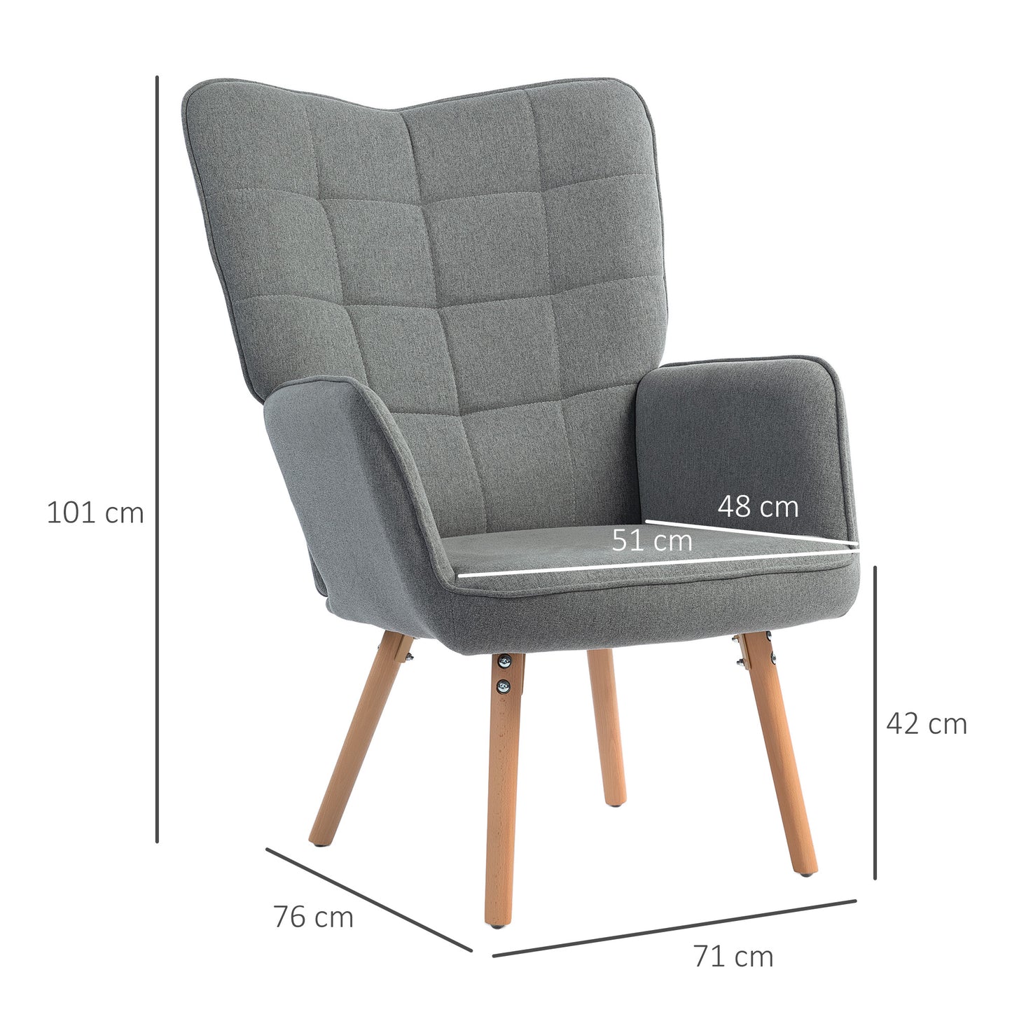 HOMCOM Sillón de Salón Moderno Butaca de Dormitorio con Respaldo Alto Reposabrazos Tela de Lino y Patas de Madera para Sala de Estar 71x76x101 cm Gris