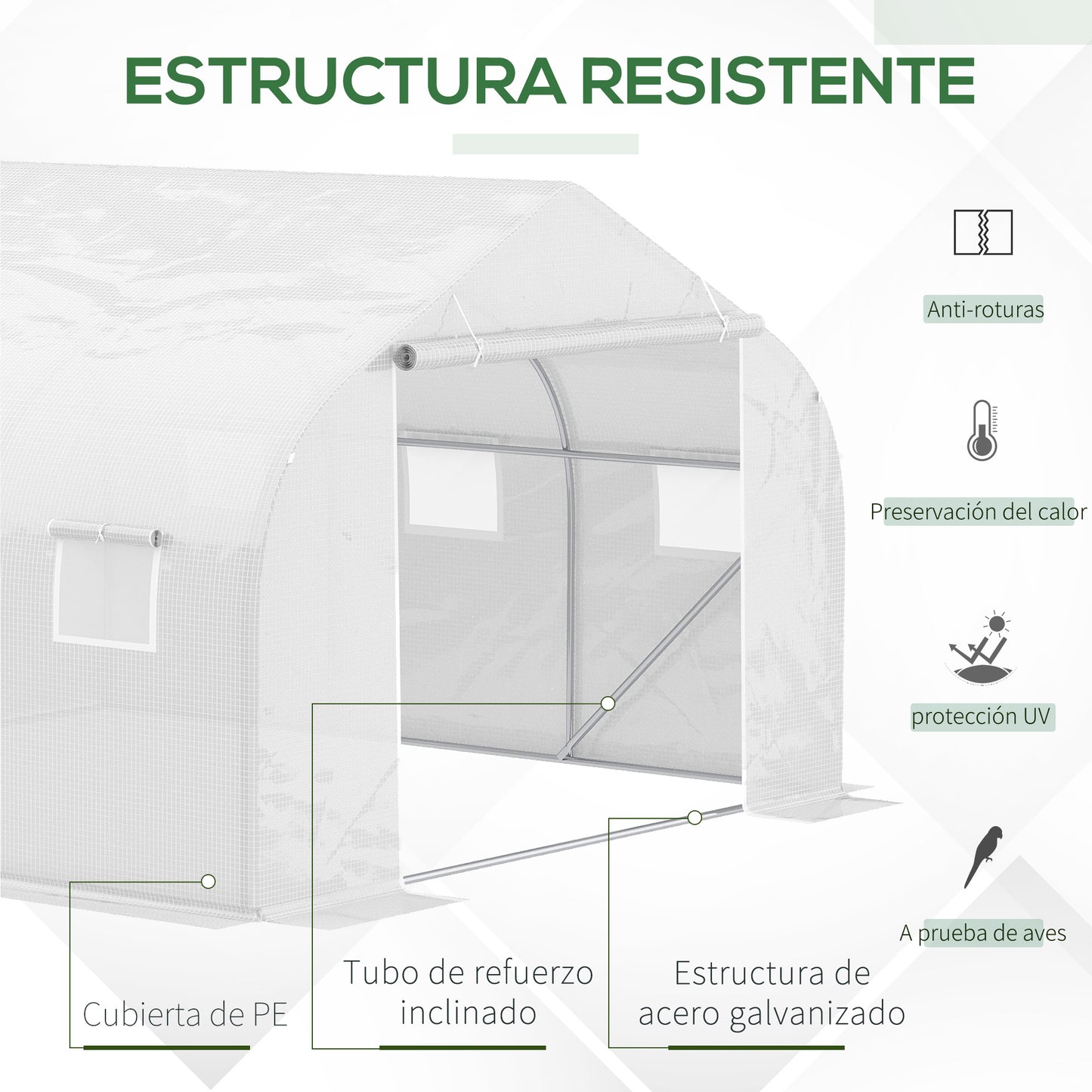 Outsunny Invernadero de Exterior Invernadero de Túnel 445x300x205 cm Invernadero de Jardín con 6 Ventanas y Cubierta de Polietileno PE 140 g/m² para Plantas Flores Verduras en Patio Blanco