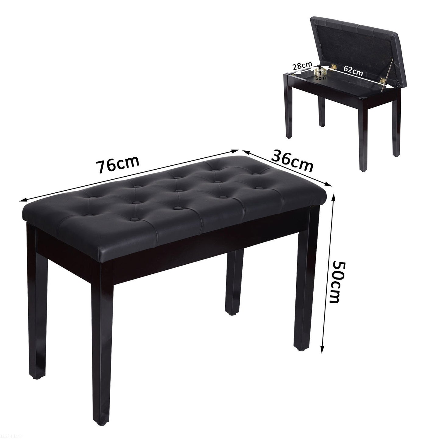 HOMCOM Taburete de Piano Banco de Teclado con Espacio de Almacenamiento Bajo del Asiento de Cuero Sintético 75x35x50 cm Negro