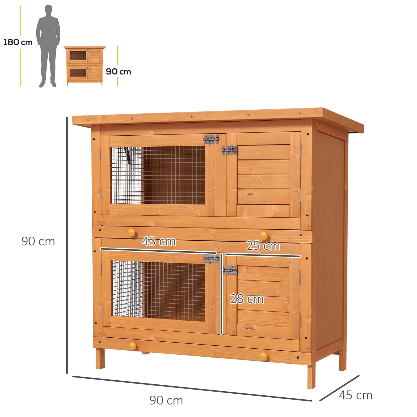 PawHut Conejera de Madera Exterior de 2 Niveles Jaula para 1-2 Conejos Mascotas Pequeñas con Techo Asfáltico Abrible y 2 Bandejas Extraíbles 90x45x90 cm Madera Natural