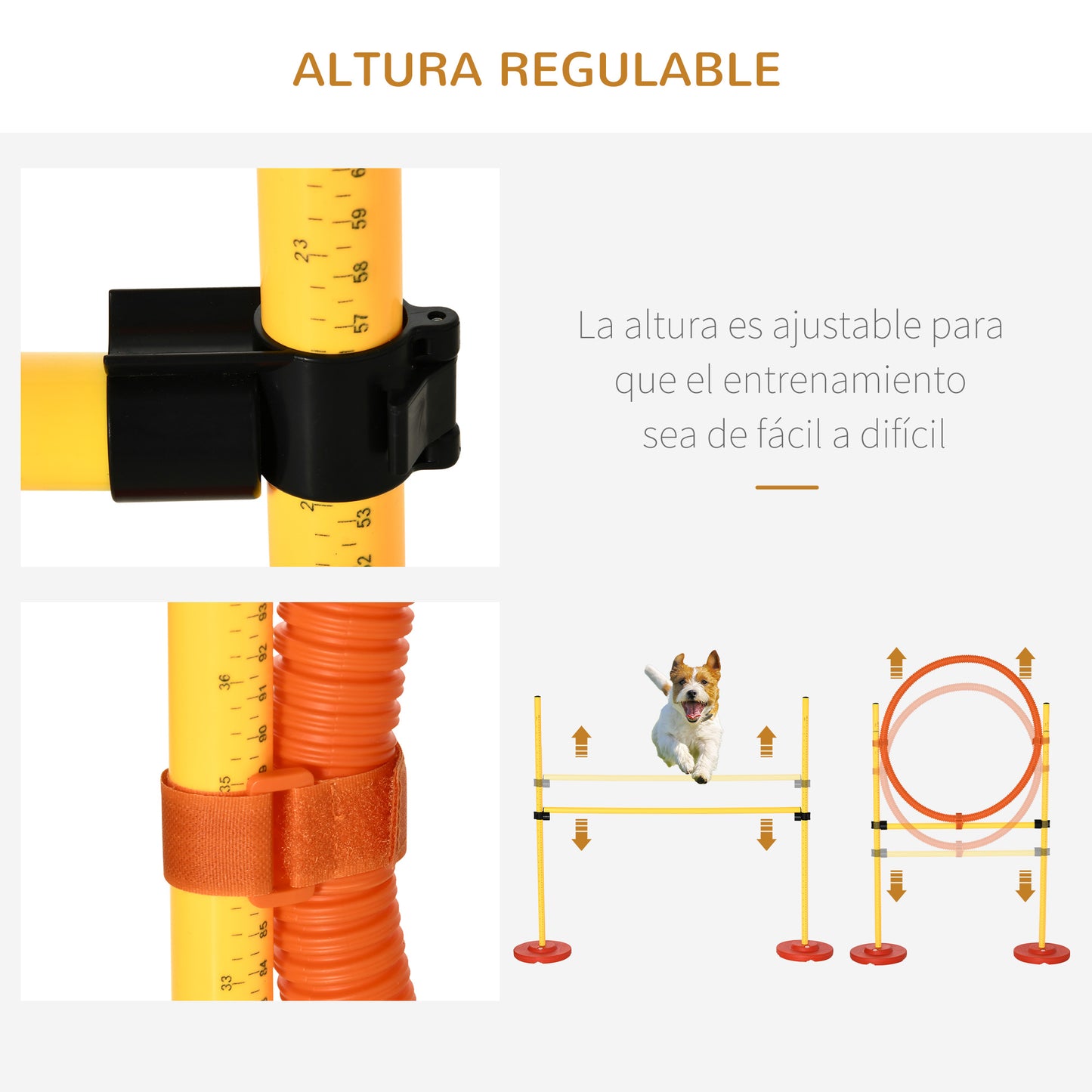 PawHut Equipo de Entrenamiento de Agilidad para Perros de 3 piezas Set de Agilidad con Obstáculos de Salto Aro Valla de Altura Ajustable y Bolsa de Transporte Amarillo