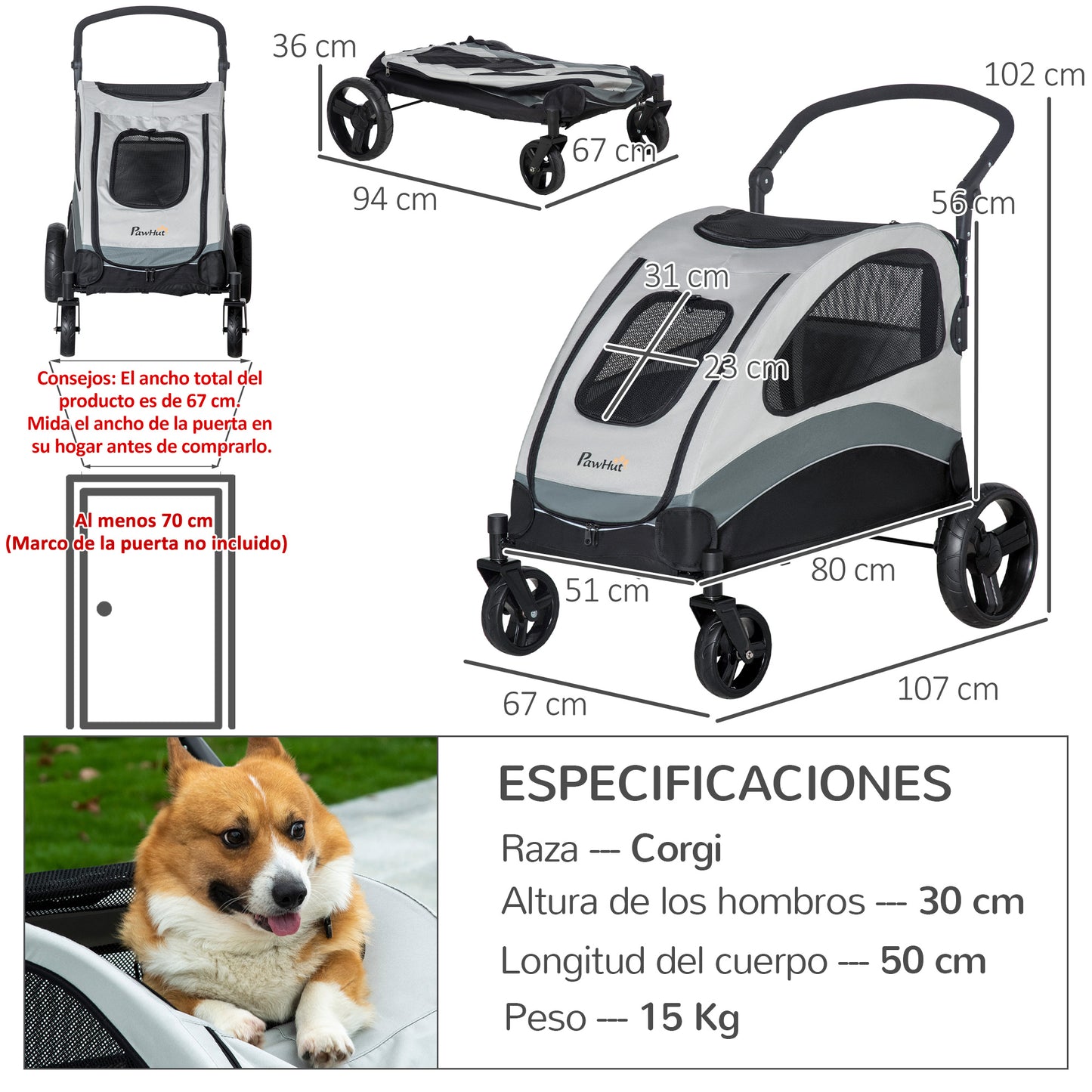 PawHut Cochecito para Perros Plegable Carrito para Mascotas Carrito para Perros con Ventanas Bolsillo de Almacenaje Correas de Seguridad y 2 Ruedas Universales 107x67x102 cm Gris