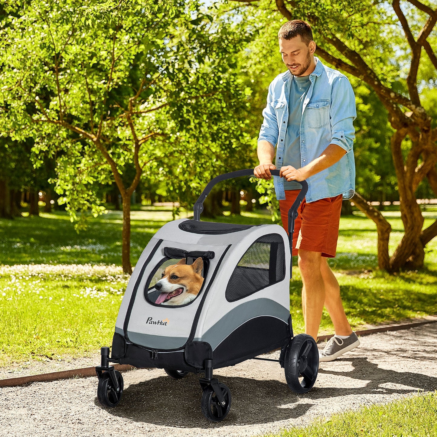 PawHut Cochecito para Perros Plegable Carrito para Mascotas Carrito para Perros con Ventanas Bolsillo de Almacenaje Correas de Seguridad y 2 Ruedas Universales 107x67x102 cm Gris