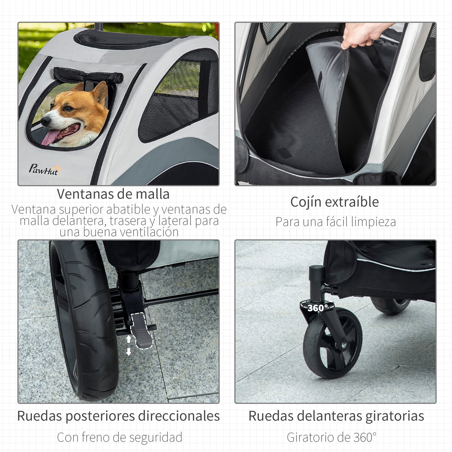 PawHut Cochecito para Perros Plegable Carrito para Mascotas Carrito para Perros con Ventanas Bolsillo de Almacenaje Correas de Seguridad y 2 Ruedas Universales 107x67x102 cm Gris