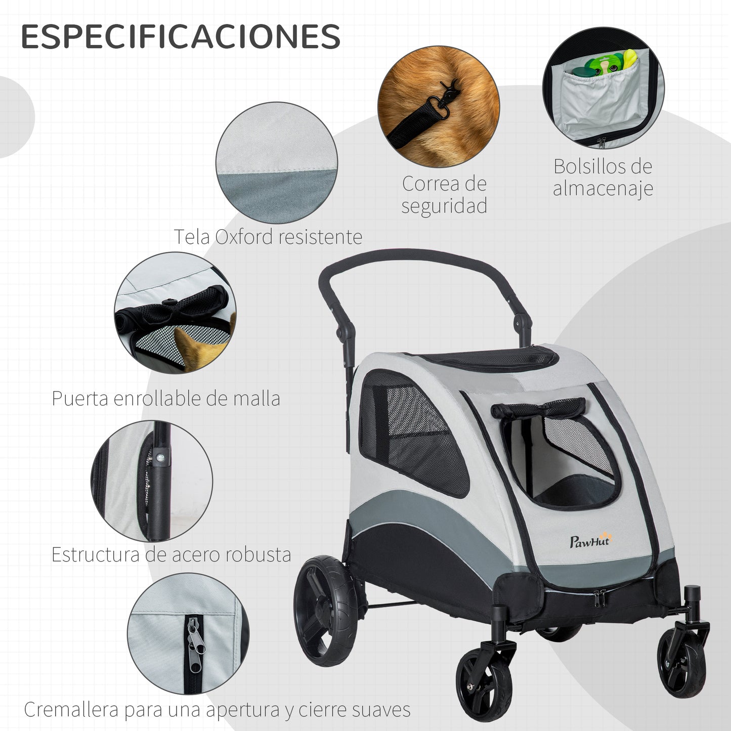 PawHut Cochecito para Perros Plegable Carrito para Mascotas Carrito para Perros con Ventanas Bolsillo de Almacenaje Correas de Seguridad y 2 Ruedas Universales 107x67x102 cm Gris