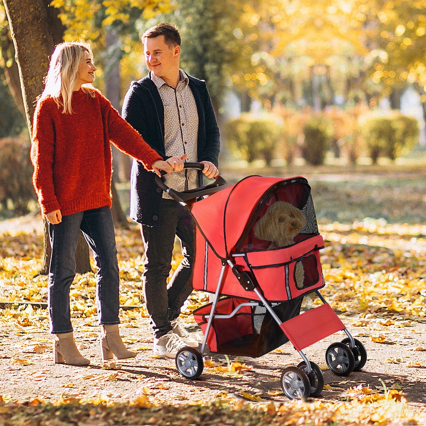 PawHut Carrito para Perros Plegable Cochecito para Mascotas Carrito para Perros Pequeños con Toldo Ajustable Cesta de Almacenaje Ventanas de Malla Portavasos y 2 Ruedas Universales 75x45x97 cm Rojo