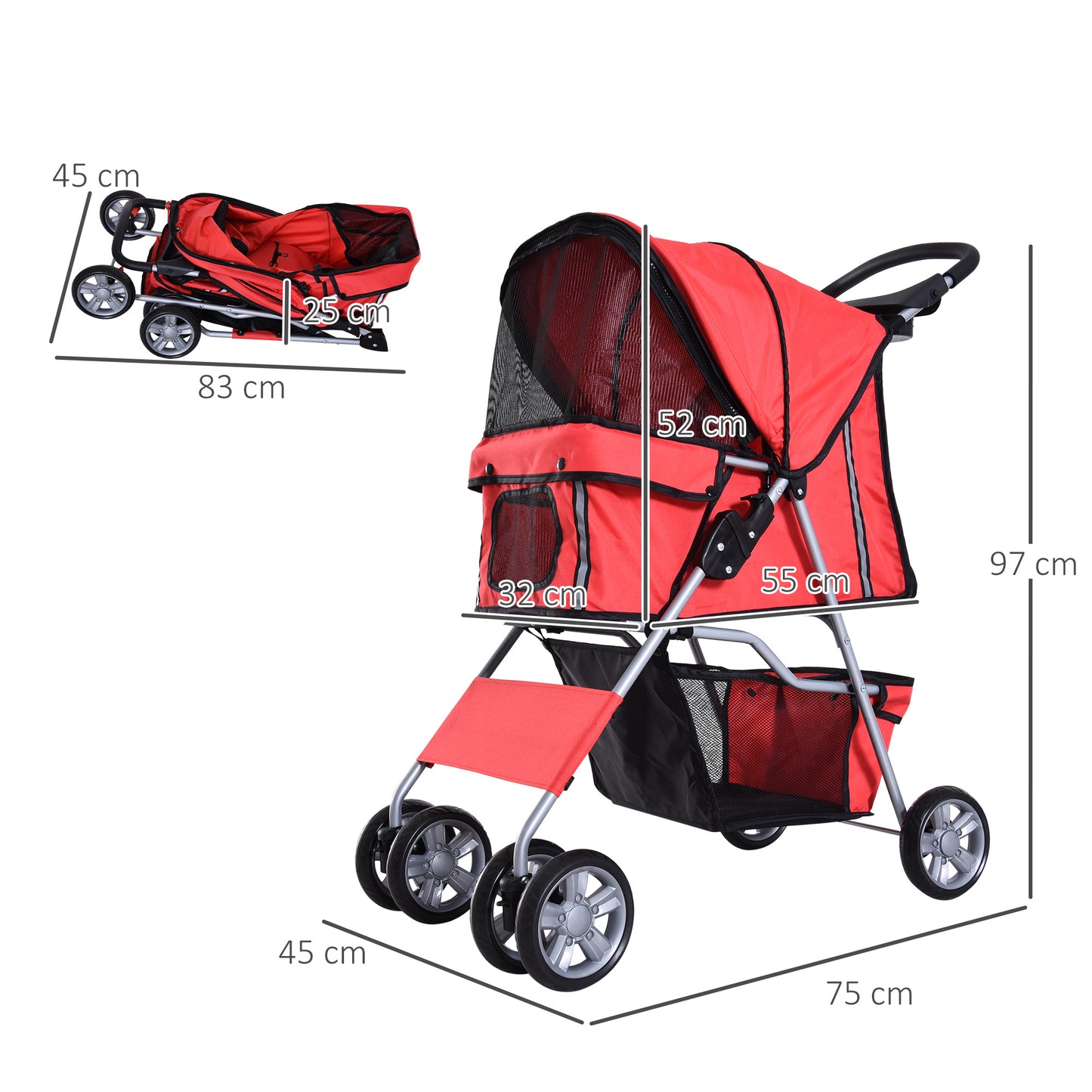 PawHut Carrito para Perros Plegable Cochecito para Mascotas Carrito para Perros Pequeños con Toldo Ajustable Cesta de Almacenaje Ventanas de Malla Portavasos y 2 Ruedas 75x45x97 cm Rojo