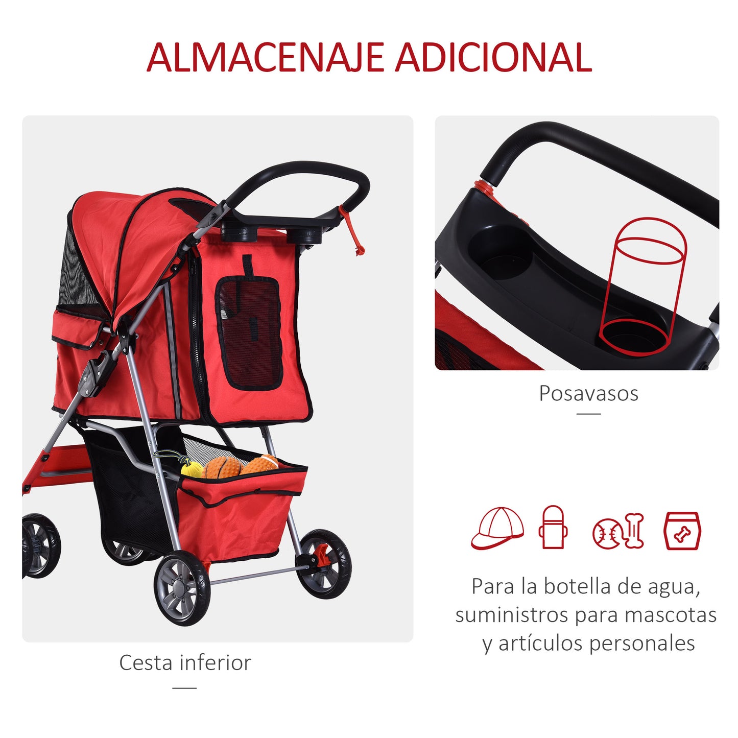 PawHut Carrito para Perros Plegable Cochecito para Mascotas Carrito para Perros Pequeños con Toldo Ajustable Cesta de Almacenaje Ventanas de Malla Portavasos y 2 Ruedas Universales 75x45x97 cm Rojo