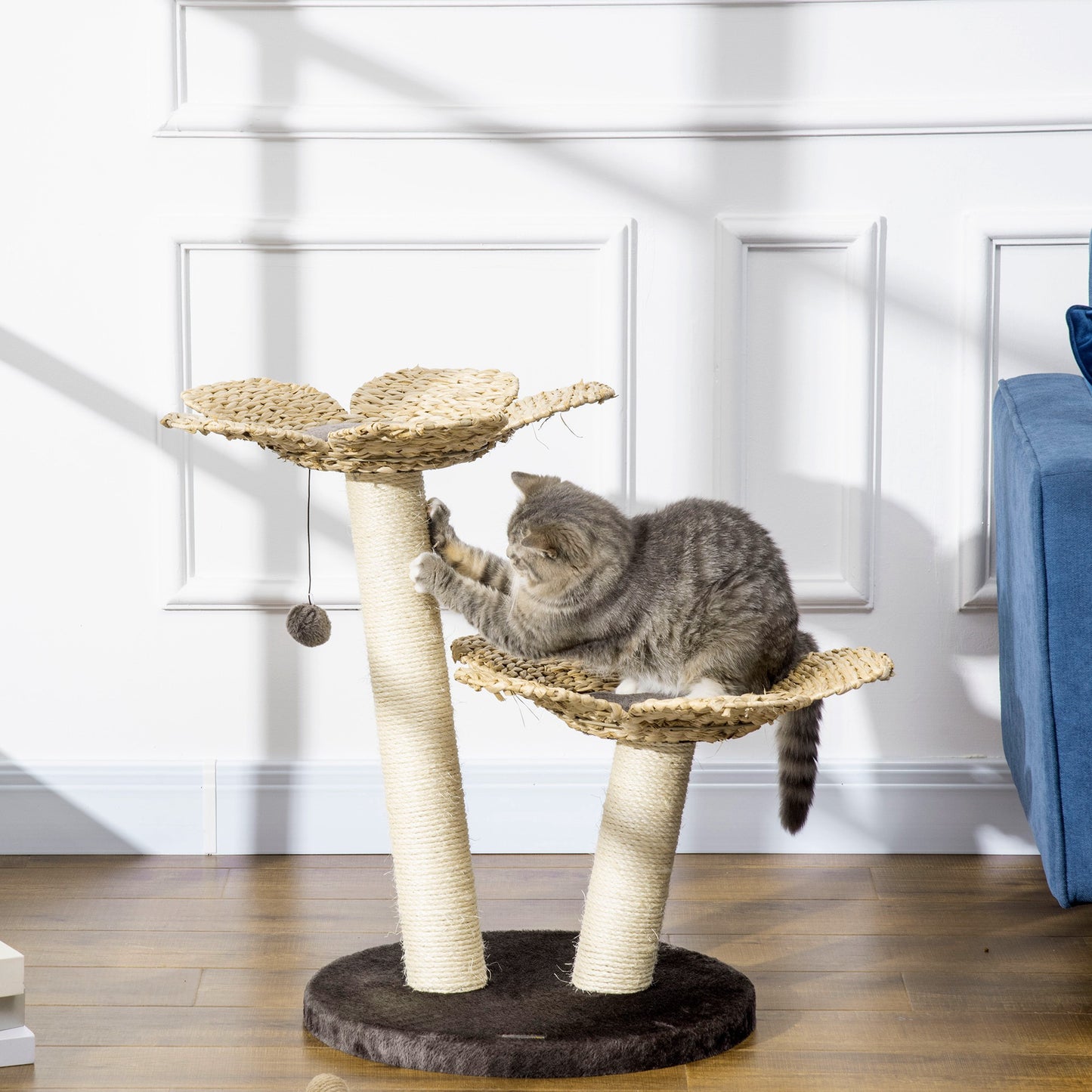 PawHut Árbol Rascador para Gatos Mediano Altura 69 cm Torre para Gatos con Cama de Flores Poste de Sisal y Bola Colgante para Jugar 50x50x69 cm Marrón y Beige