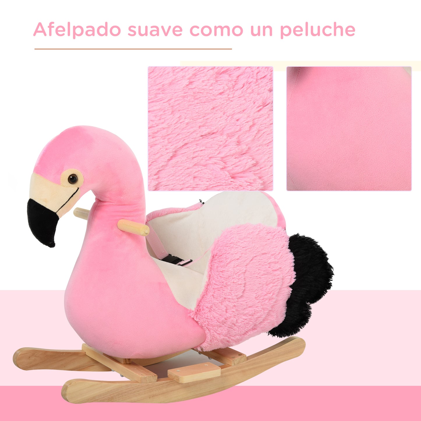 HOMCOM Caballito Balancín de Flamenco para Niños de +18 Meses Balancín Infantil de Felpa y Base de Madera Carga 25 kg 60x33x52 cm Rosa