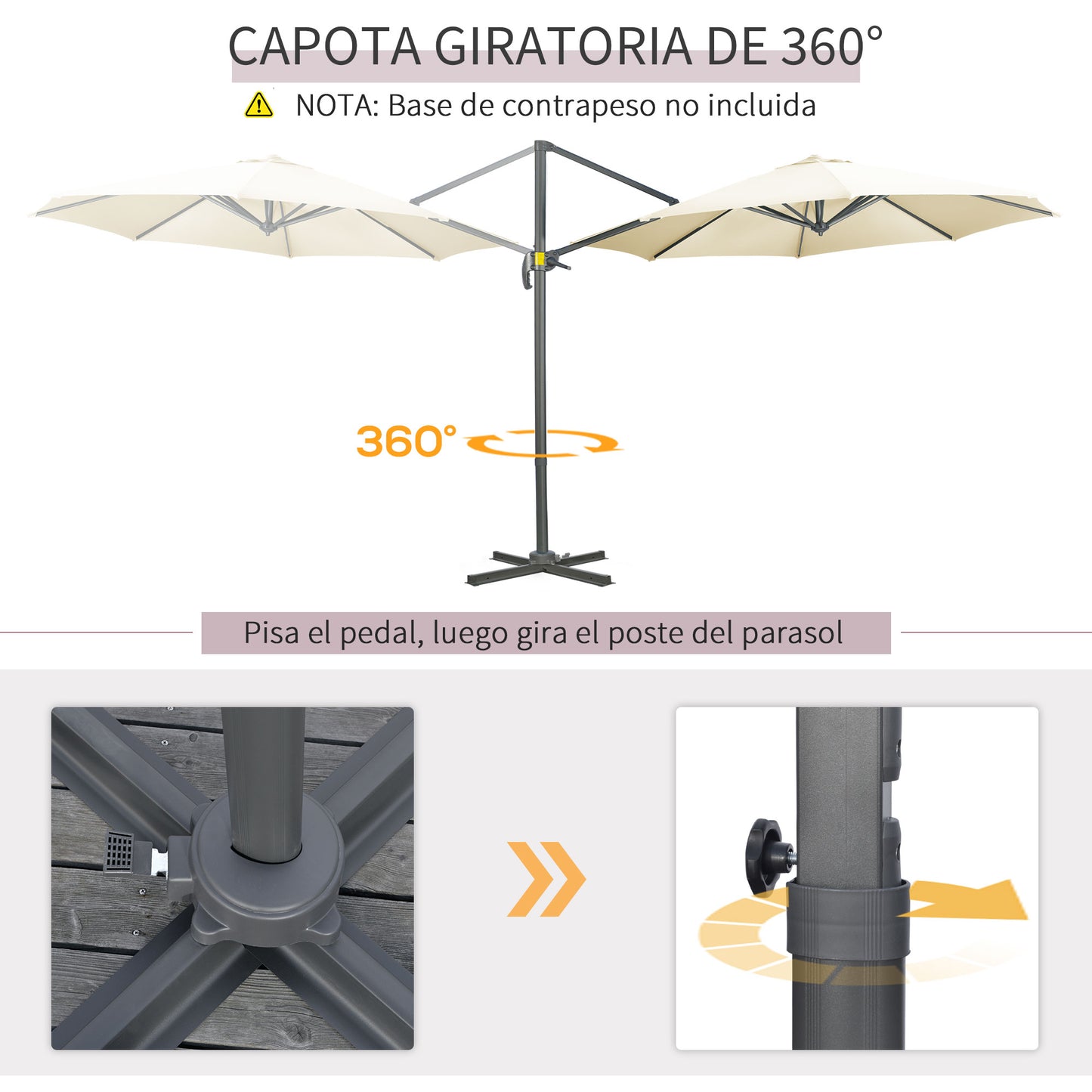 Outsunny Sombrilla de Jardín Ø300x250 cm Parasol Excéntrico de Aluminio con Manivela Toldo Inclinable Giratorio 360° con Pedal y Base Cruzada Crema