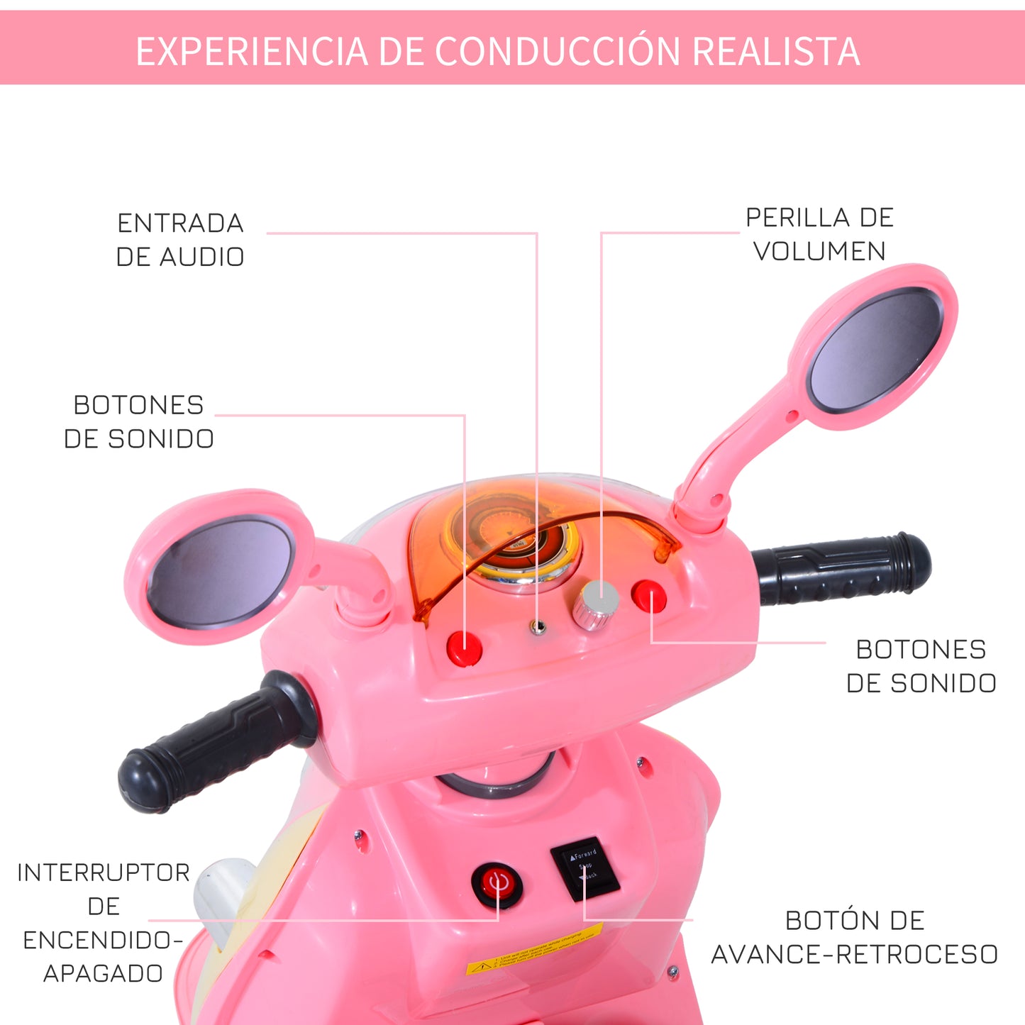 HOMCOM Coche Triciclo Moto Eléctrica Infantil Correpasillos a Batería Niños +3 años 6V Metal + PP 108x51x75cm Rosa