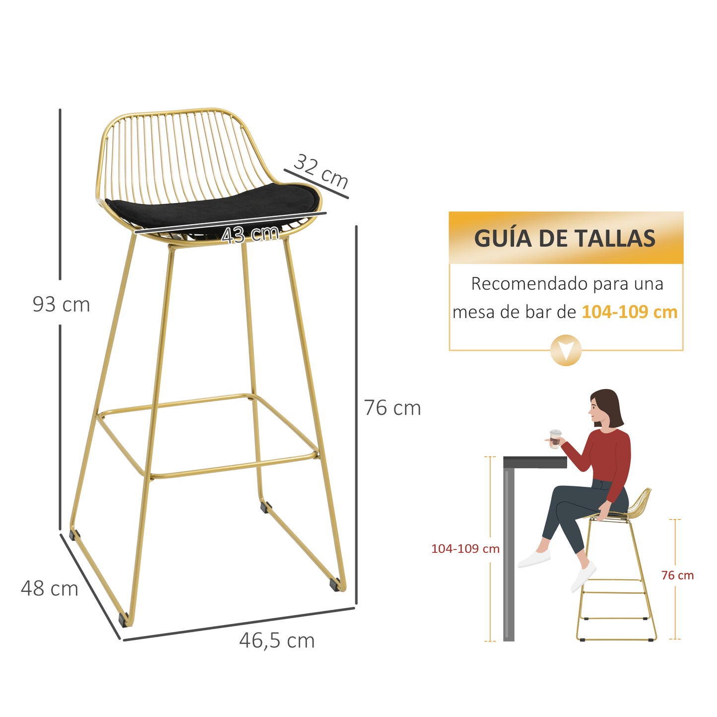 HOMCOM Conjunto de 4 Taburetes de Bar Taburetes Altos de Cocina con Cojín de Terciopelo Respaldo y Reposapiés Estilo Moderno Carga 120 kg para Comedor Sala 46,5x48x93 cm Dorado