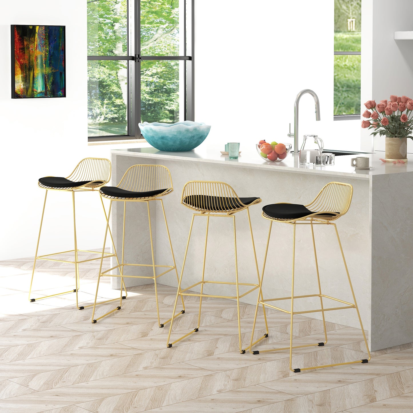 HOMCOM Conjunto de 4 Taburetes de Bar Taburetes Altos de Cocina con Cojín de Terciopelo Respaldo y Reposapiés Estilo Moderno Carga 120 kg para Comedor Sala 46,5x48x93 cm Dorado