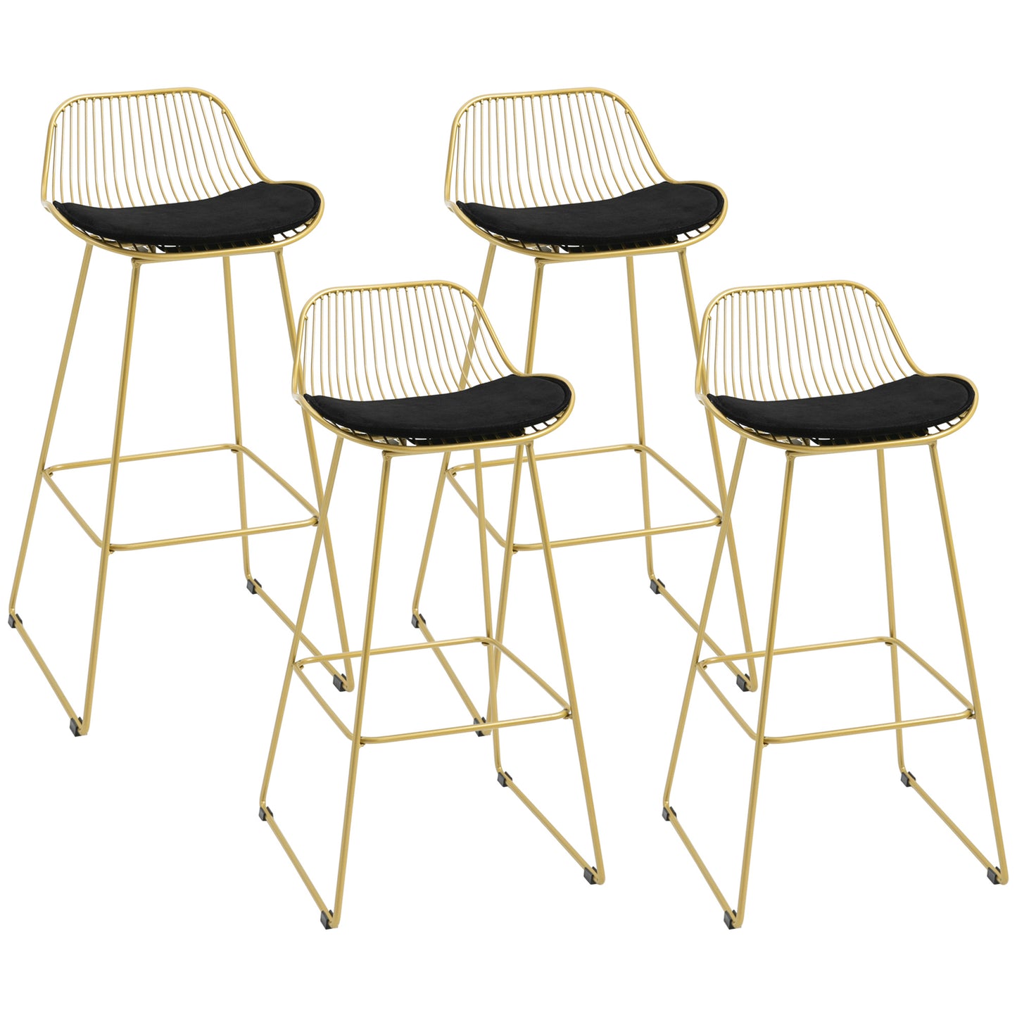 HOMCOM Conjunto de 4 Taburetes de Bar Taburetes Altos de Cocina con Cojín de Terciopelo Respaldo y Reposapiés Estilo Moderno Carga 120 kg para Comedor Sala 46,5x48x93 cm Dorado