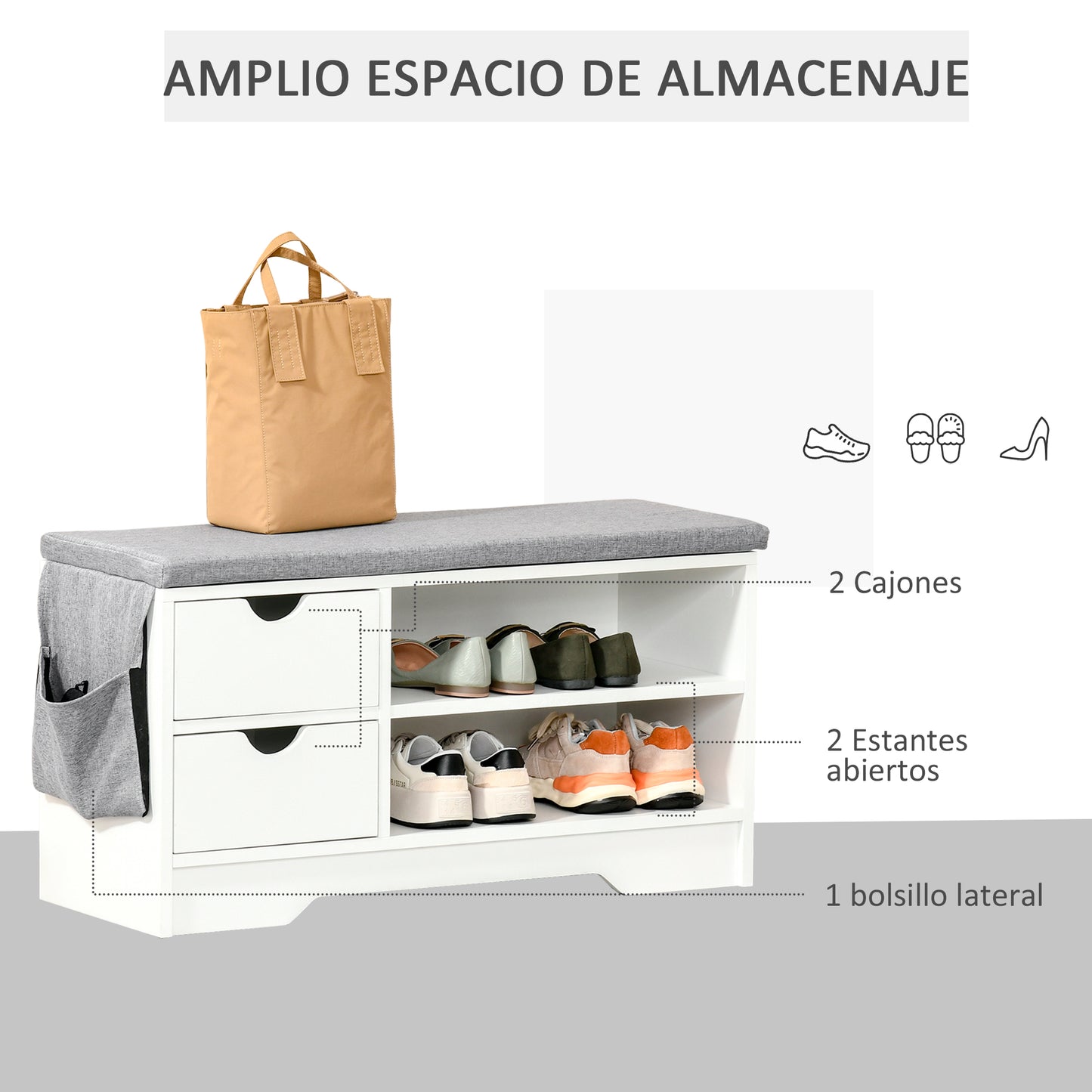 HOMCOM Banco Zapatero con Asiento 2 Estantes Bolso Cojín Extraíble y 2 Cajones Banco Recibidor Capacidad para 4 Pares de Zapatos para Entrada Pasillo Moderno 80,5x30,5x43,5 cm Blanco y Gris