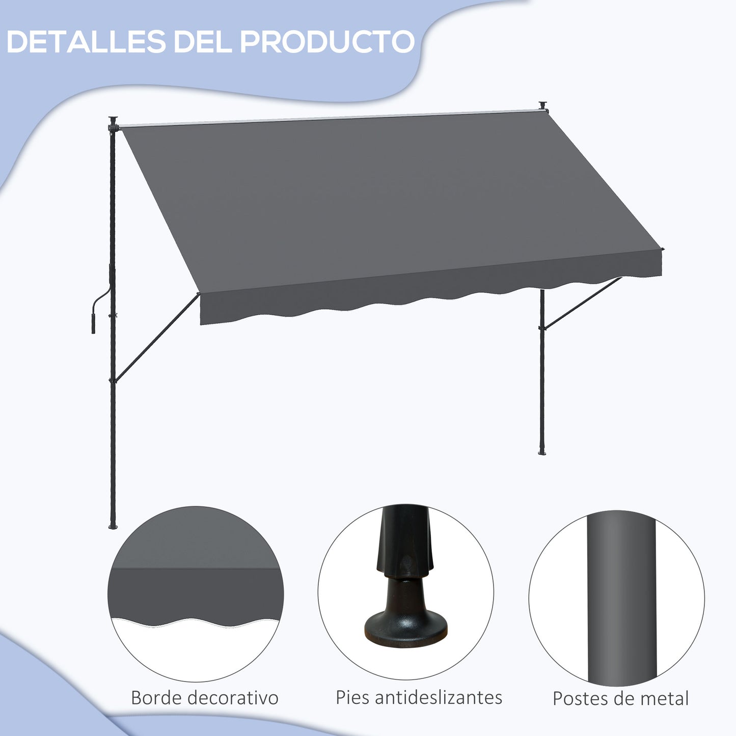 Outsunny Toldo Manual Retráctil Toldo para Balcón con Altura Ajustable Manivela y Protección Solar para Terraza Jardín Gris