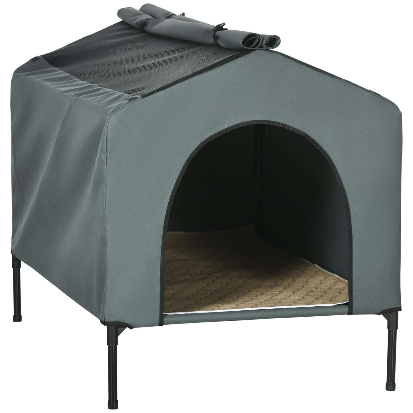 PawHut Caseta para Perros con Cubierta Exterior 110x75x87 cm Cama Elevada para Mascotas con Cojín y Ventanas de Malla Enrollable para Perros Grandes Gris