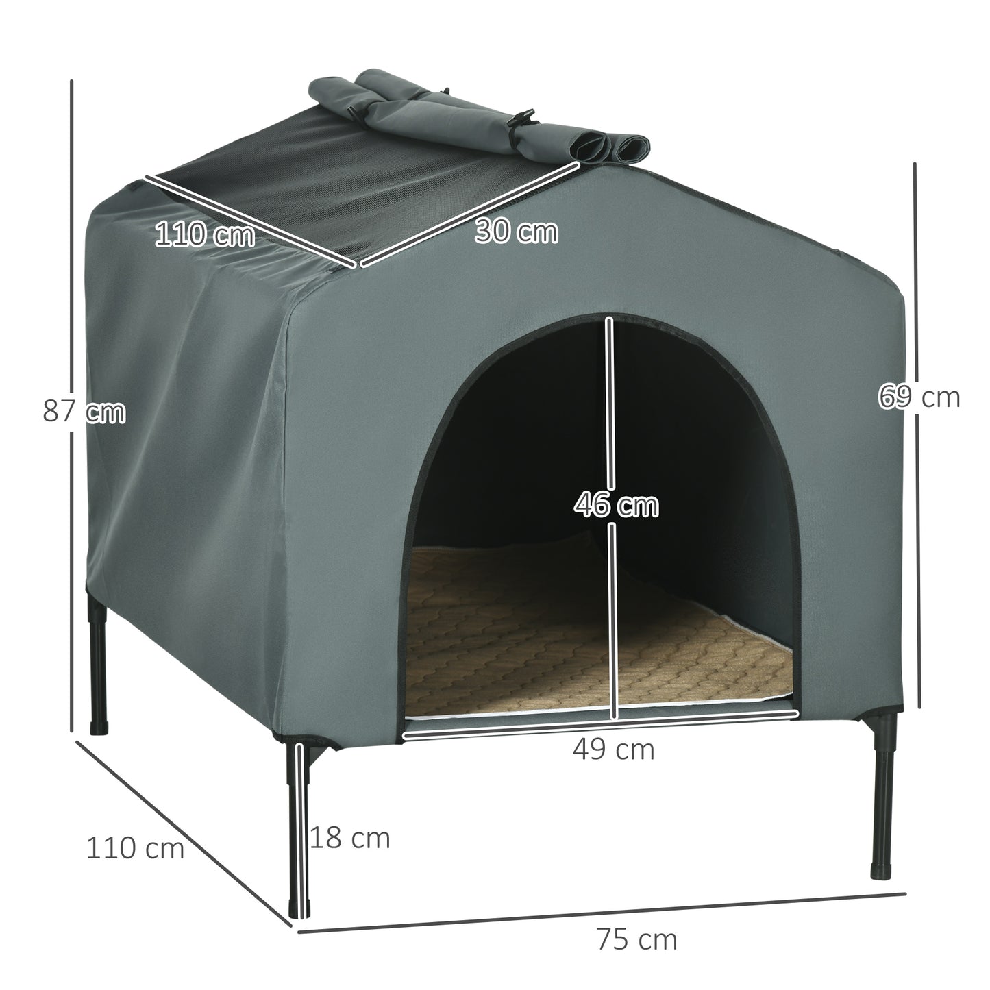 PawHut Caseta para Perros con Cubierta Exterior 110x75x87 cm Cama Elevada para Mascotas con Cojín y Ventanas de Malla Enrollable para Perros Grandes Gris