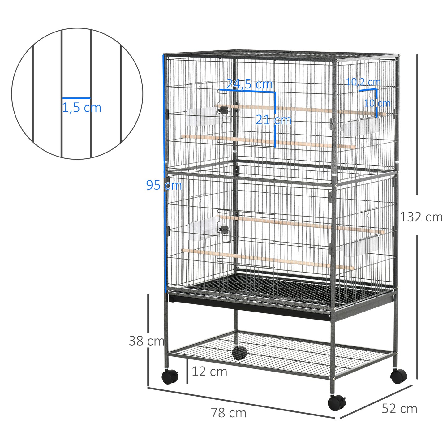 PawHut Jaula para Pájaros con Ruedas Pajarera Metálica con Bandeja Extraíble 4 Puertas 4 Comederos 4 Perchas y Estante de Almacenaje Jaula para Canarios Periquitos 78x52x132 cm Gris Oscuro