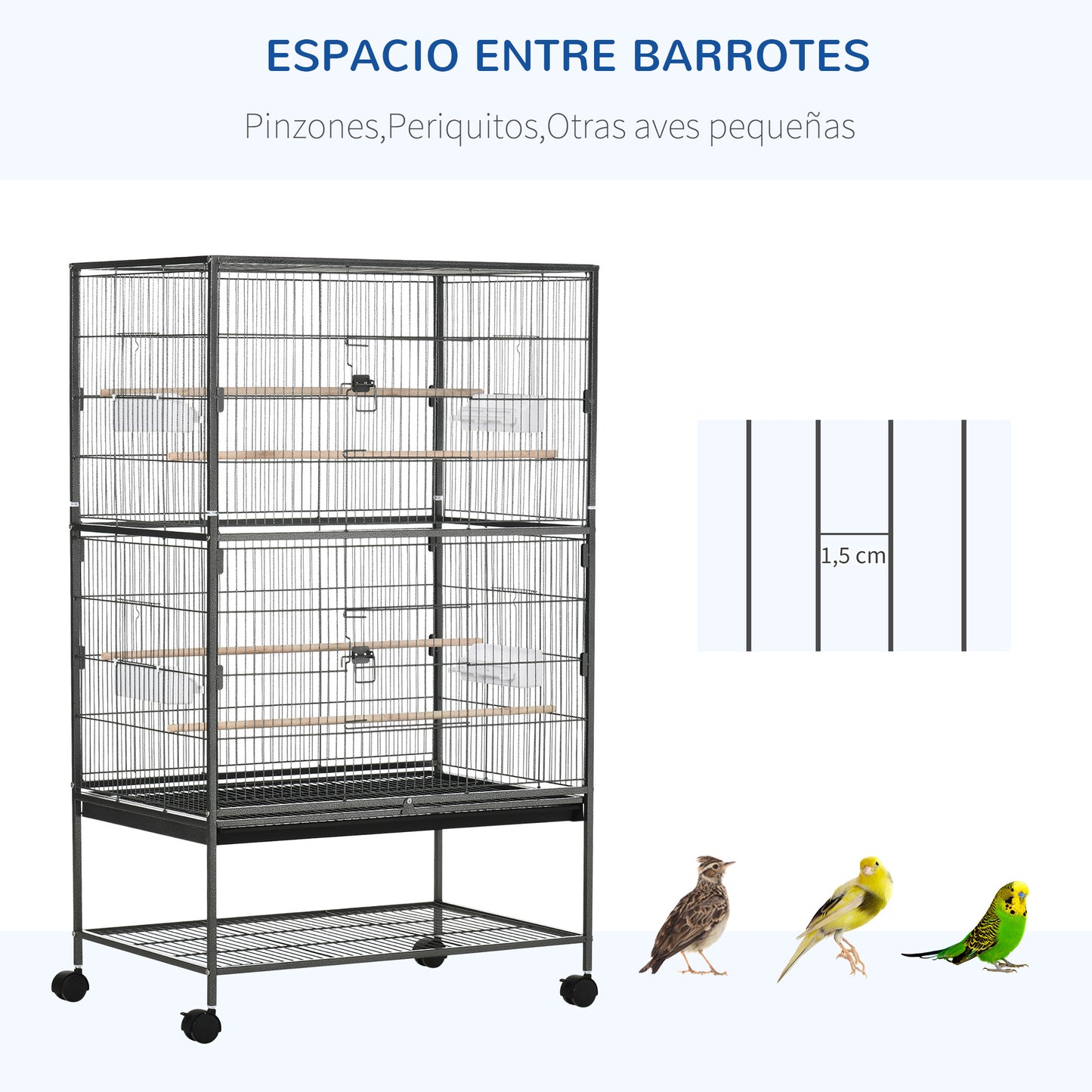 PawHut Jaula para Pájaros con Ruedas Pajarera Metálica con Bandeja Extraíble 4 Puertas 4 Comederos 4 Perchas y Estante de Almacenaje Jaula para Canarios Periquitos 78x52x132 cm Gris Oscuro