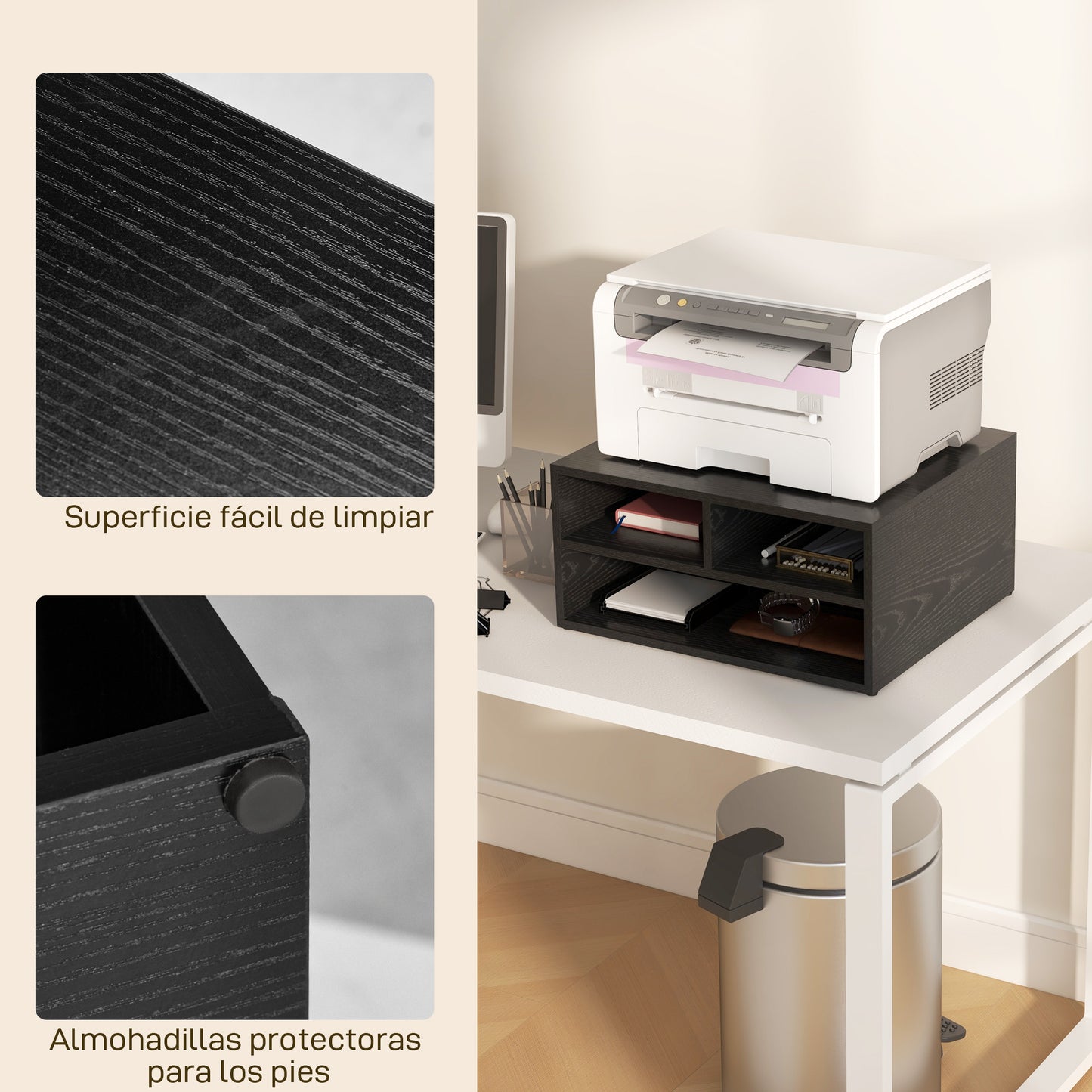 HOMCOM Mueble Impresora de 2 Niveles Soporte de Impresora con 3 Compartimentos Estilo Moderno para Dormitorio Oficina Salón 47x40x22,5 cm Negro