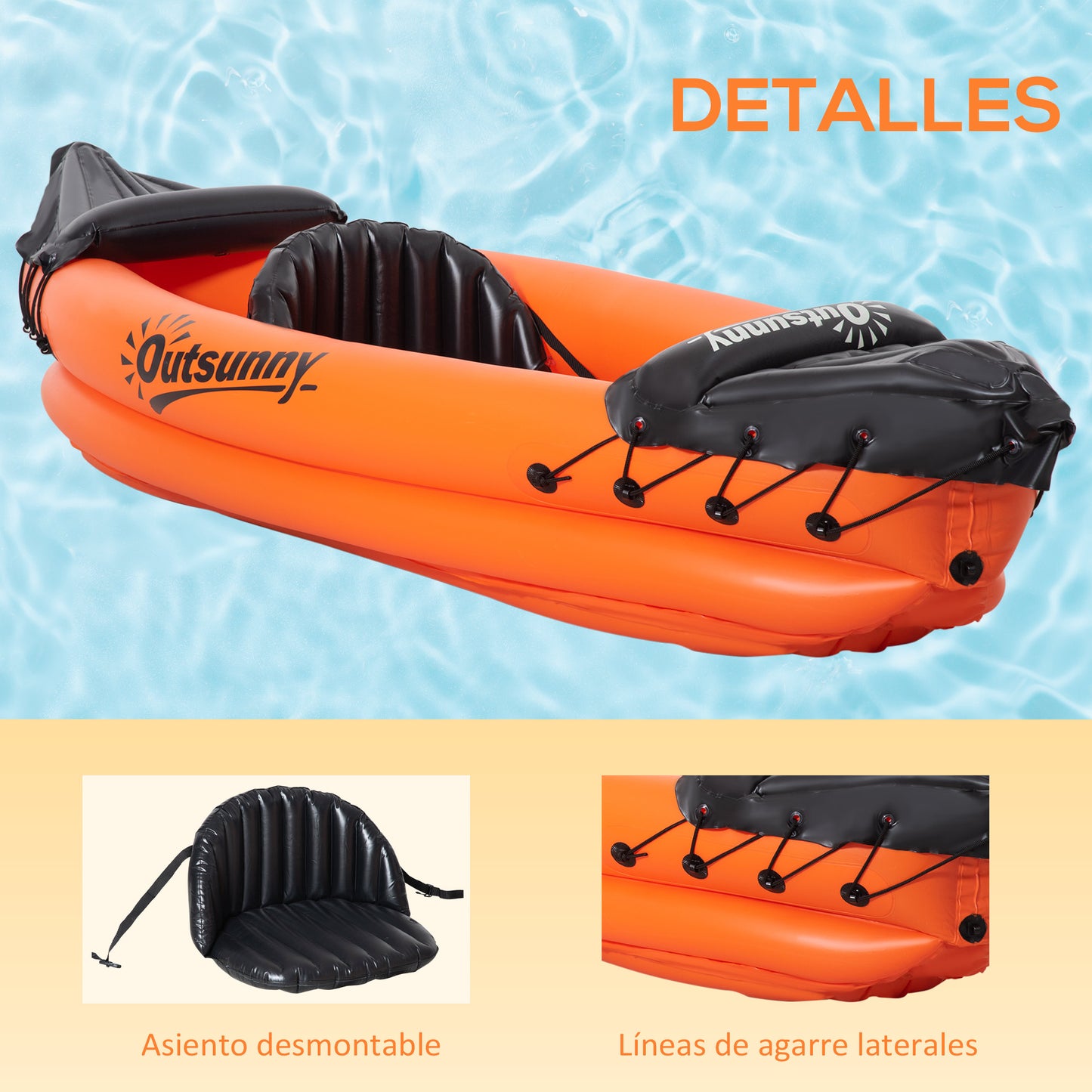 Outsunny Kayak Hinchable para 1 Persona Canoa Kayak Inflable de PVC con Remo Bomba de Mano y Kit de Reparación 270x93x50 cm Naranja