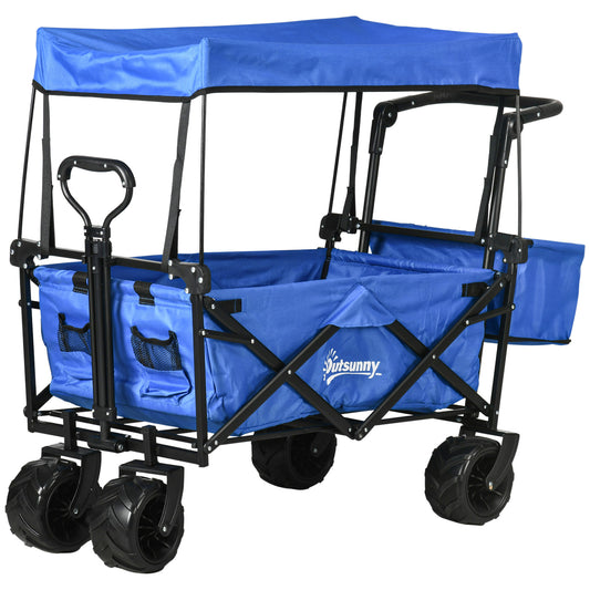 Outsunny Carro Transporte Plegable de Playa Jardín Camping Viaje con Toldo y Manillar Cuatro Ruedas Regulable en Altura de 117x55x98 cm Color Azul Carga Máx. 68 kg