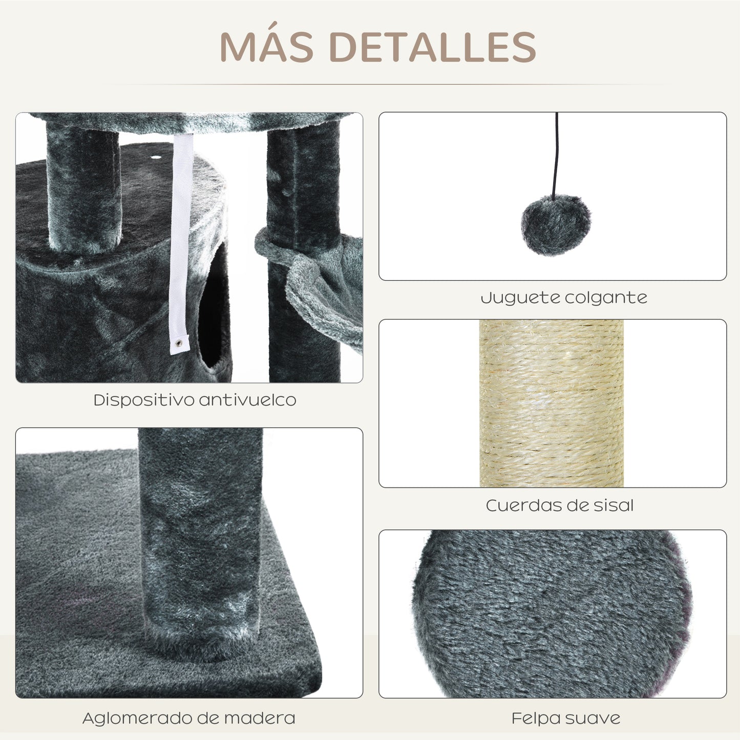 PawHut Árbol Rascador para Gatos de 220-265 cm Altura Ajustable al Techo con Plataformas Bolas de Juego Poste de Sisal Natural Gris Oscuro