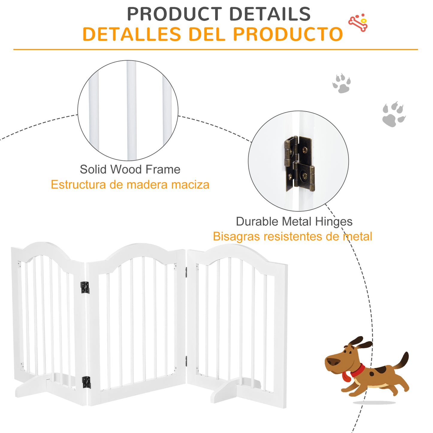 PawHut Barrera de Seguridad para Perros Pequeños Plegable Barrera para Perros en Casa de 3 Paneles con Patas Anchos para Escaleras Pasillos 154,5x29,5x61 cm Blanco