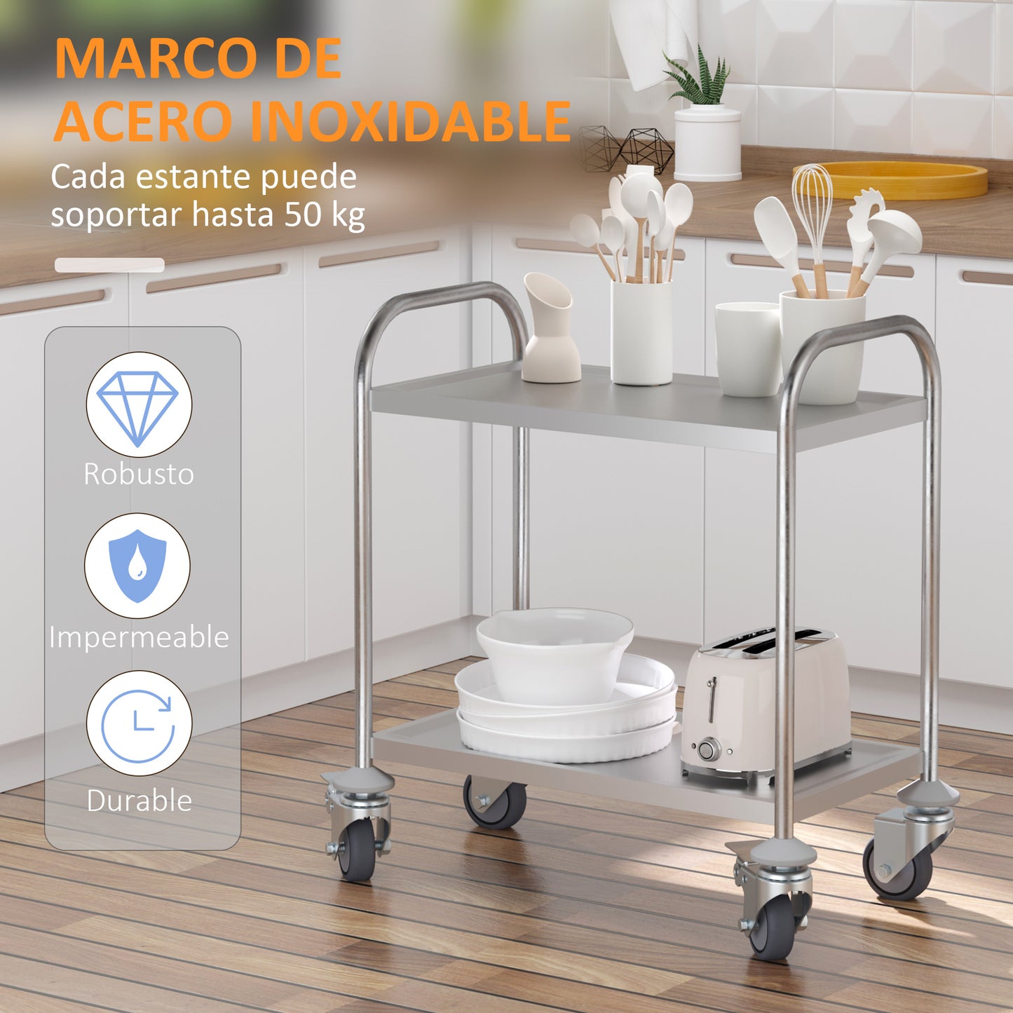 HOMCOM Carrito Auxiliar con Ruedas de Acero Inoxidable Carrito de Cocina con Bandejas y 2 Brazos para Comedor Salón 70,5x40,5x81 cm Plata