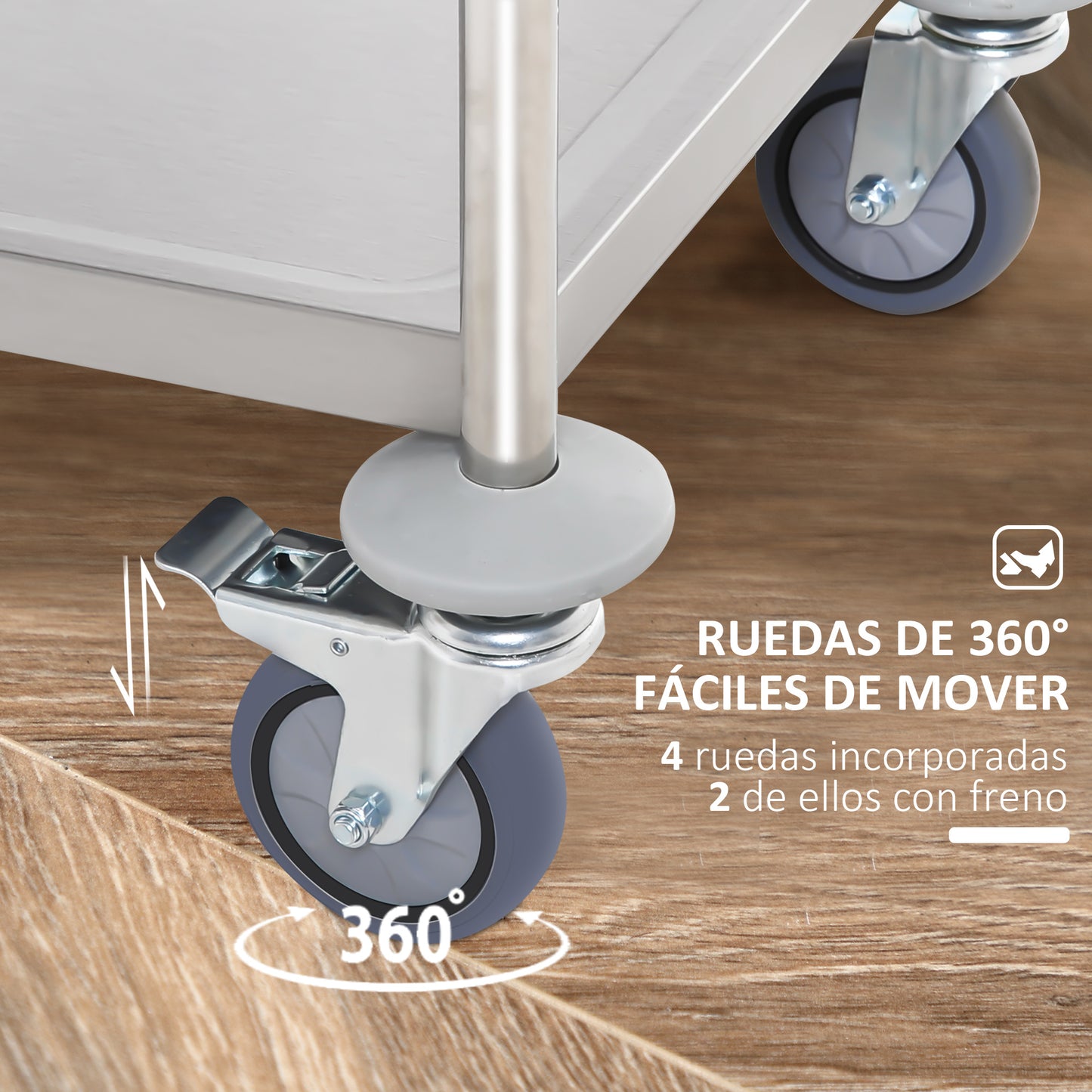 HOMCOM Carrito Auxiliar con Ruedas de Acero Inoxidable Carrito de Cocina con Bandejas y 2 Brazos para Comedor Salón 70,5x40,5x81 cm Plata