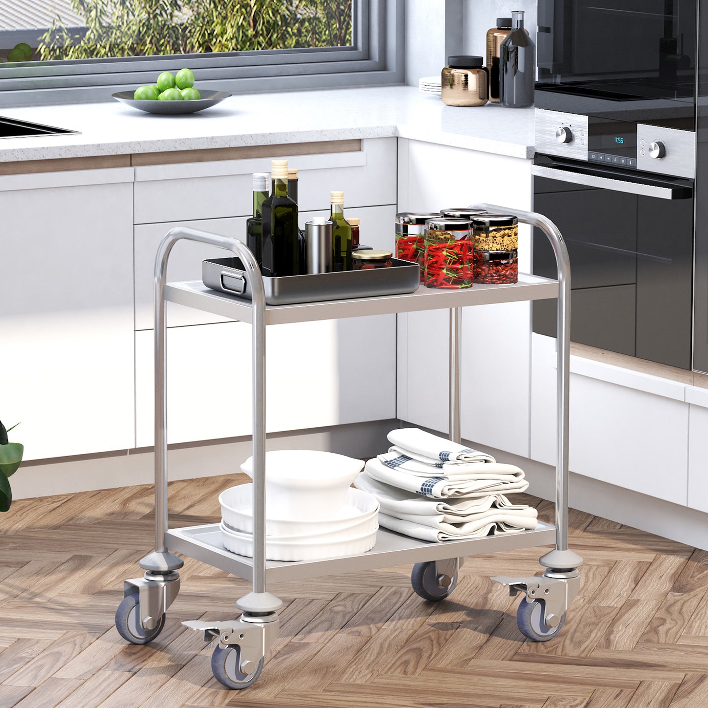 HOMCOM Carrito Auxiliar con Ruedas de Acero Inoxidable Carrito de Cocina con Bandejas y 2 Brazos para Comedor Salón 70,5x40,5x81 cm Plata