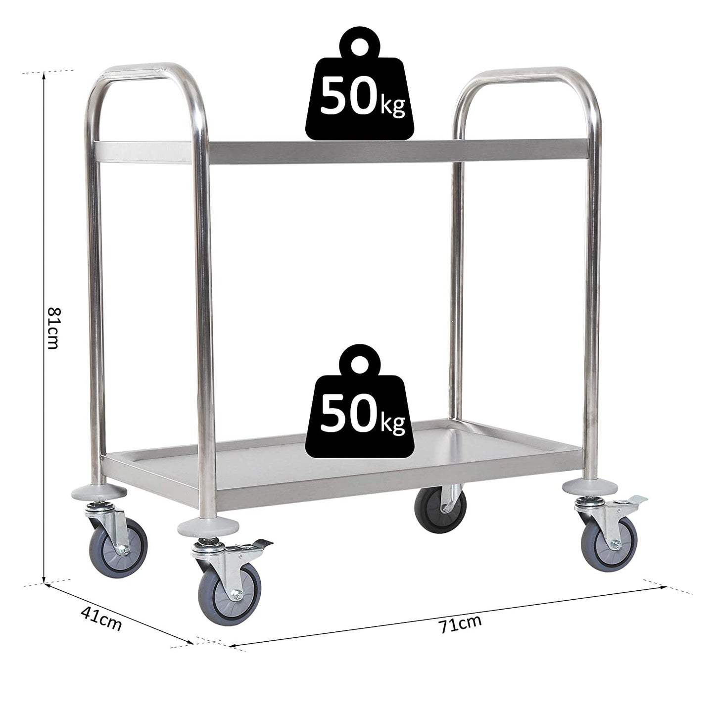 HOMCOM Carrito Auxiliar con Ruedas de Acero Inoxidable Carrito de Cocina con Bandejas y 2 Brazos para Comedor Salón 70,5x40,5x81 cm Plata