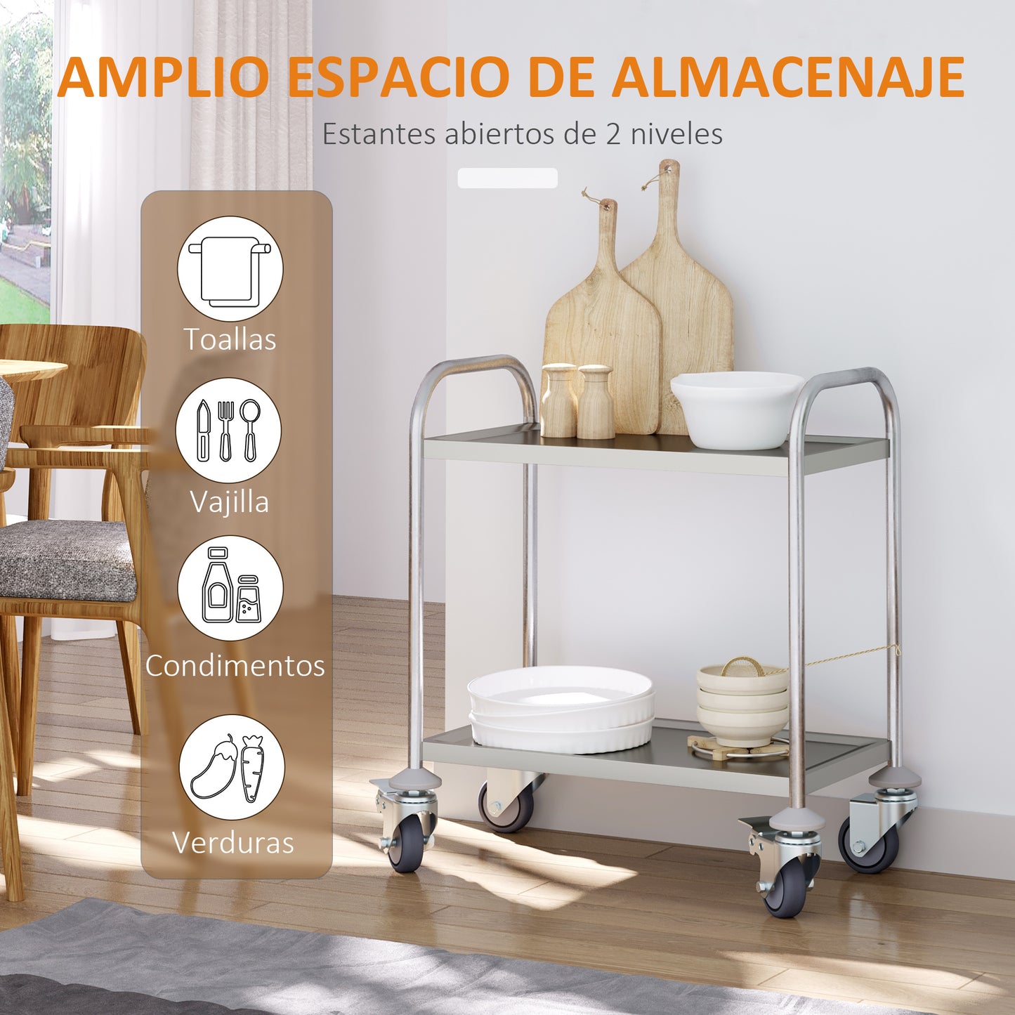 HOMCOM Carrito Auxiliar con Ruedas de Acero Inoxidable Carrito de Cocina con Bandejas y 2 Brazos para Comedor Salón 70,5x40,5x81 cm Plata