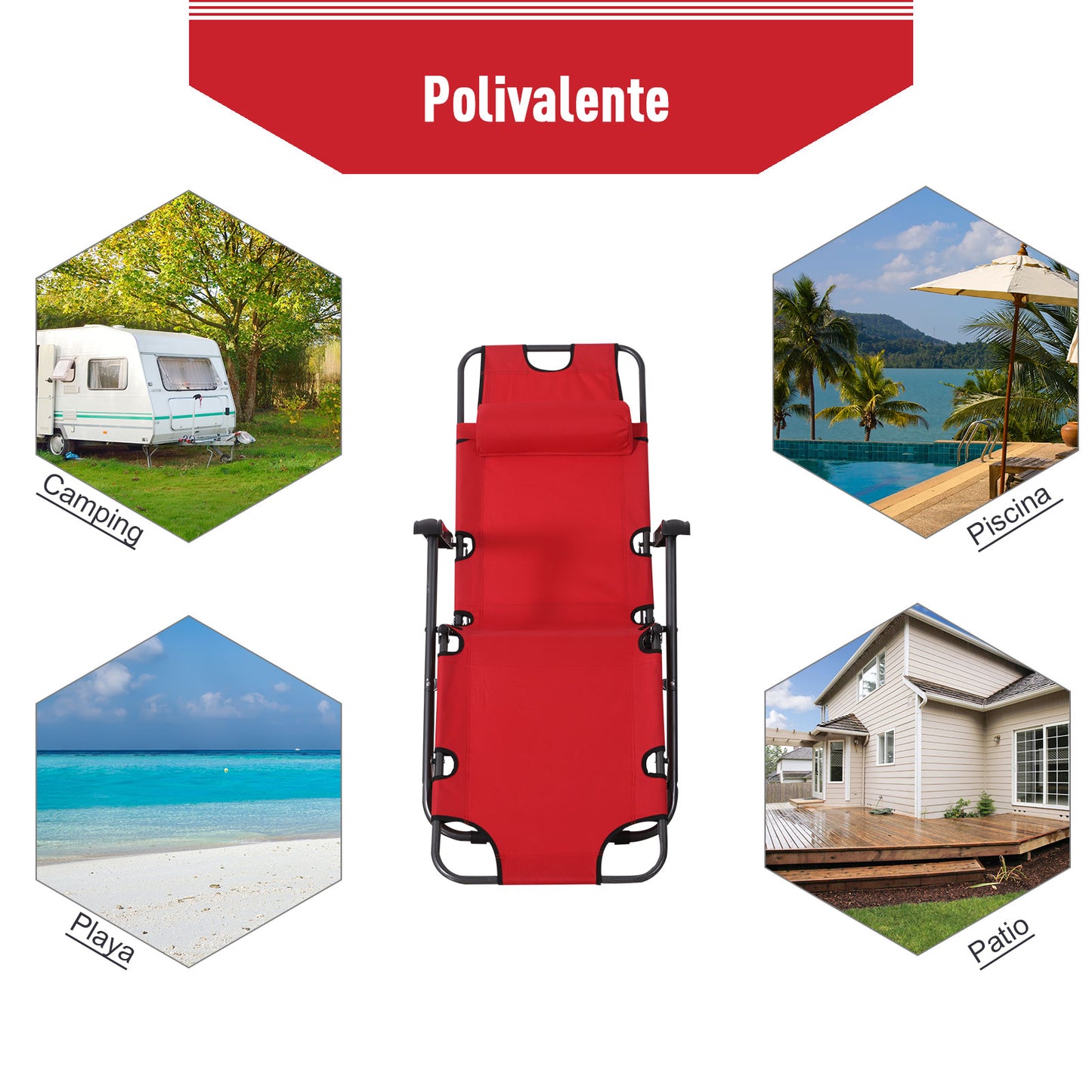 Outsunny Tumbona Reclinable y Plegable Silla de Playa Tumbona Relax Plegable con Respaldo Ajustable Reposabrazos Almohada y Reposapiés para Jardín Balcón Carga 136 kg 135x60x89 cm Rojo