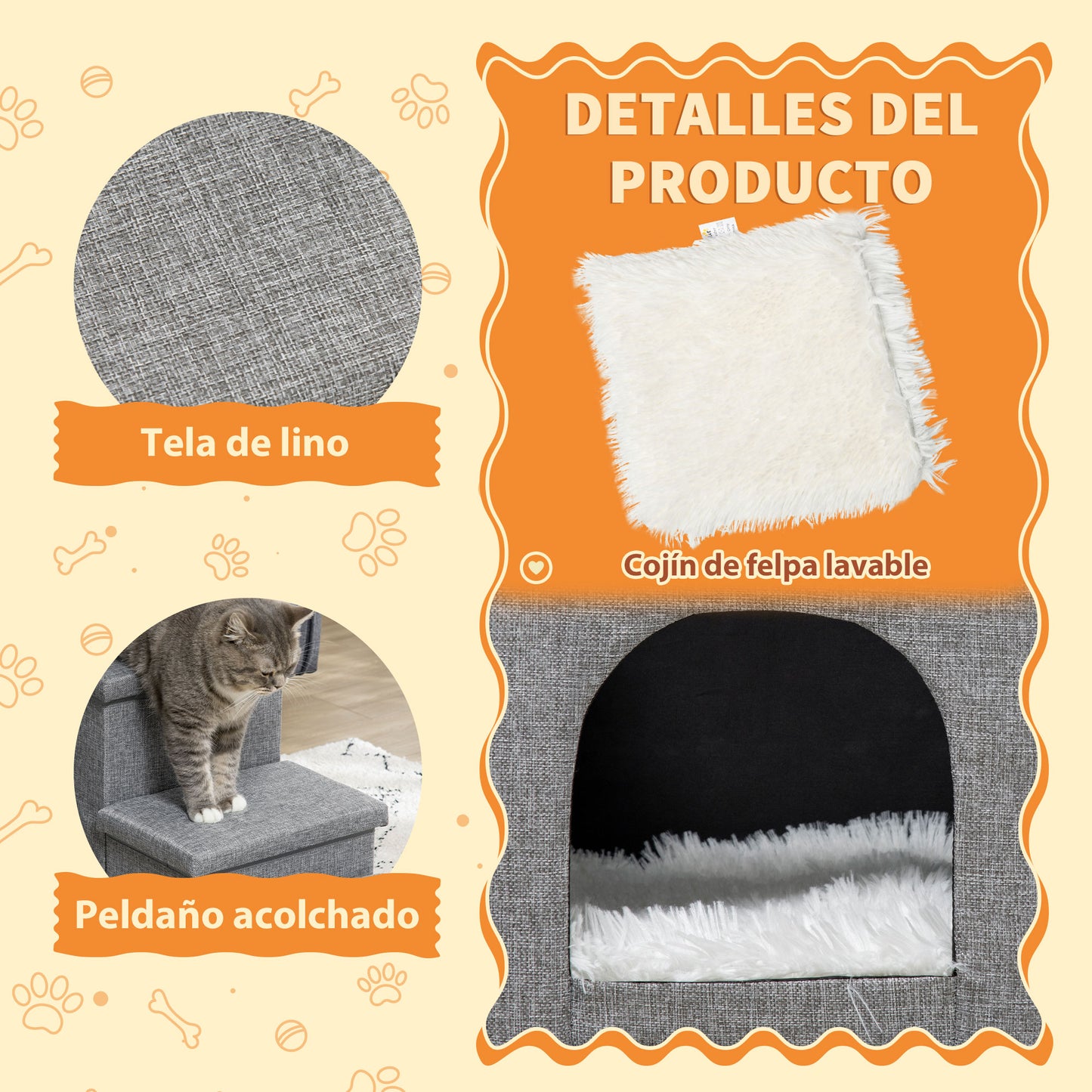 PawHut Escalera para Perros Escalera Rampa para Mascotas de 3 Peldaños con Tapas 3 Cajas de Almacenamiento Cueva y Cojín Lavable para Cama Sofá 73,5x33x40,5 cm Gris