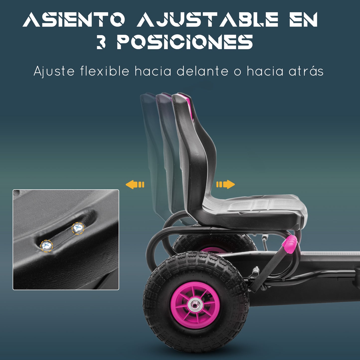 HOMCOM Kart Pedales Coche de Pedales para Niños de 5-12 Años con Asiento Ajustable Neumáticos Inflables Amortiguador y Freno de Mano Carga 50 kg Rosa