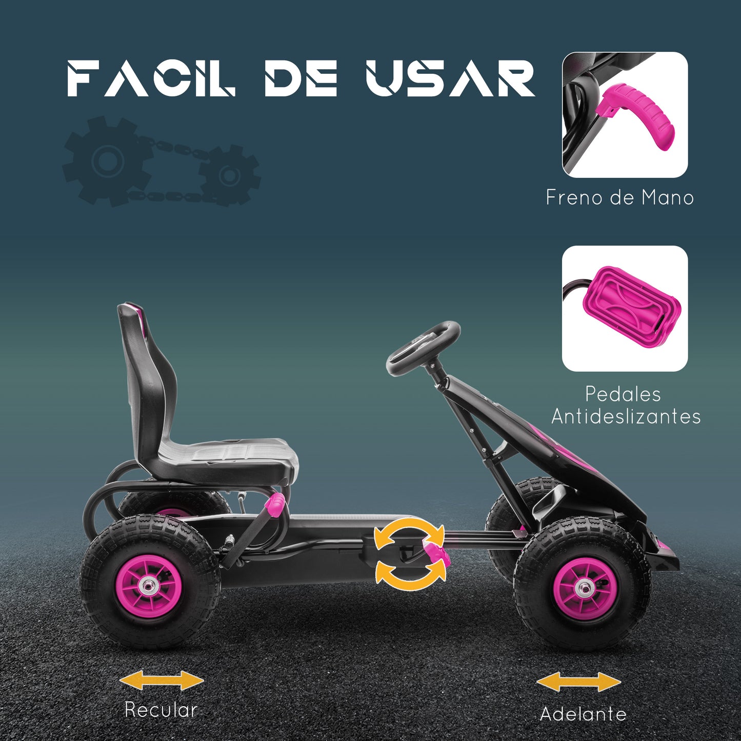 HOMCOM Kart Pedales Coche de Pedales para Niños de 5-12 Años con Asiento Ajustable Neumáticos Inflables Amortiguador y Freno de Mano Carga 50 kg Rosa