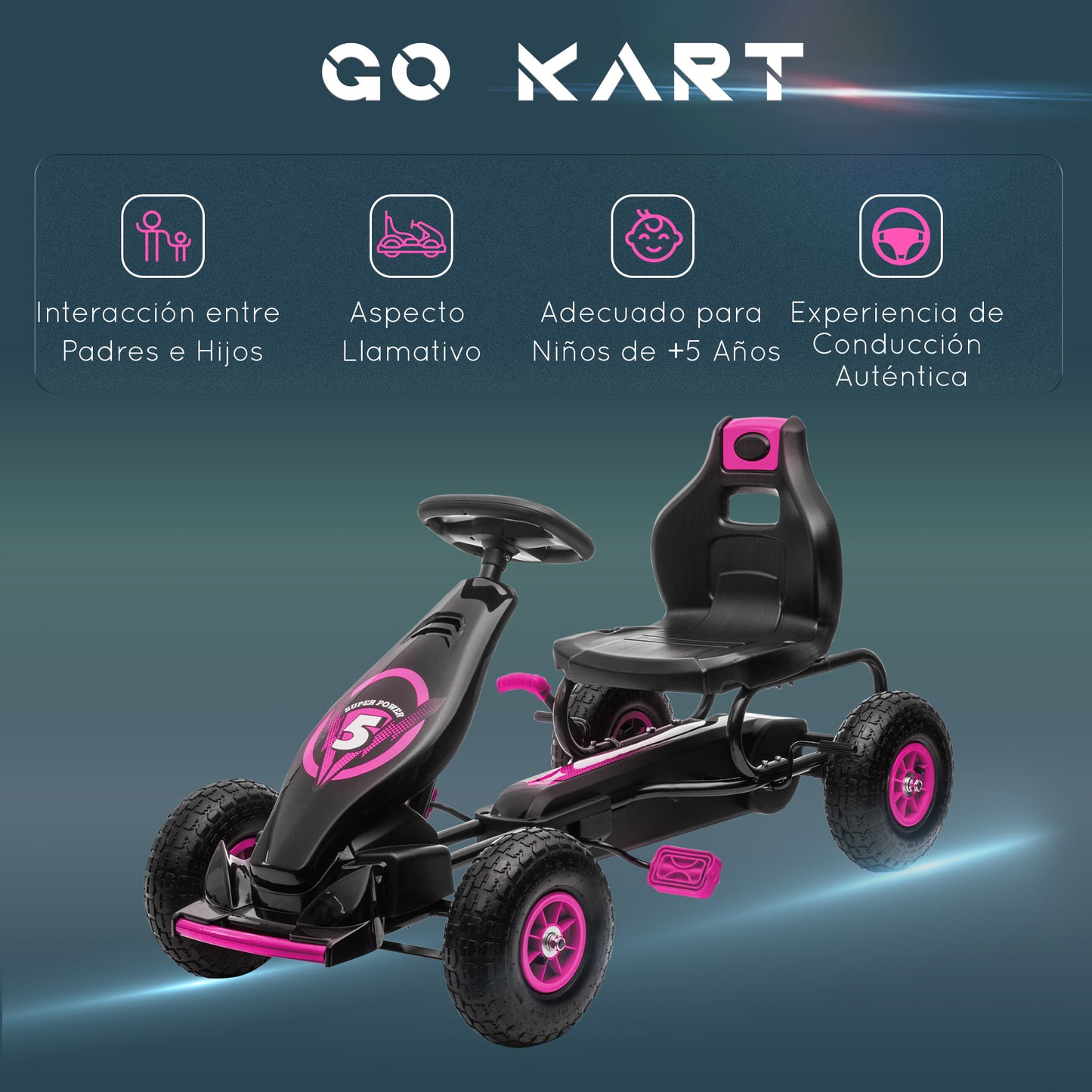 HOMCOM Kart Pedales Coche de Pedales para Niños de 5-12 Años con Asiento Ajustable Neumáticos Inflables Amortiguador y Freno de Mano Carga 50 kg Rosa