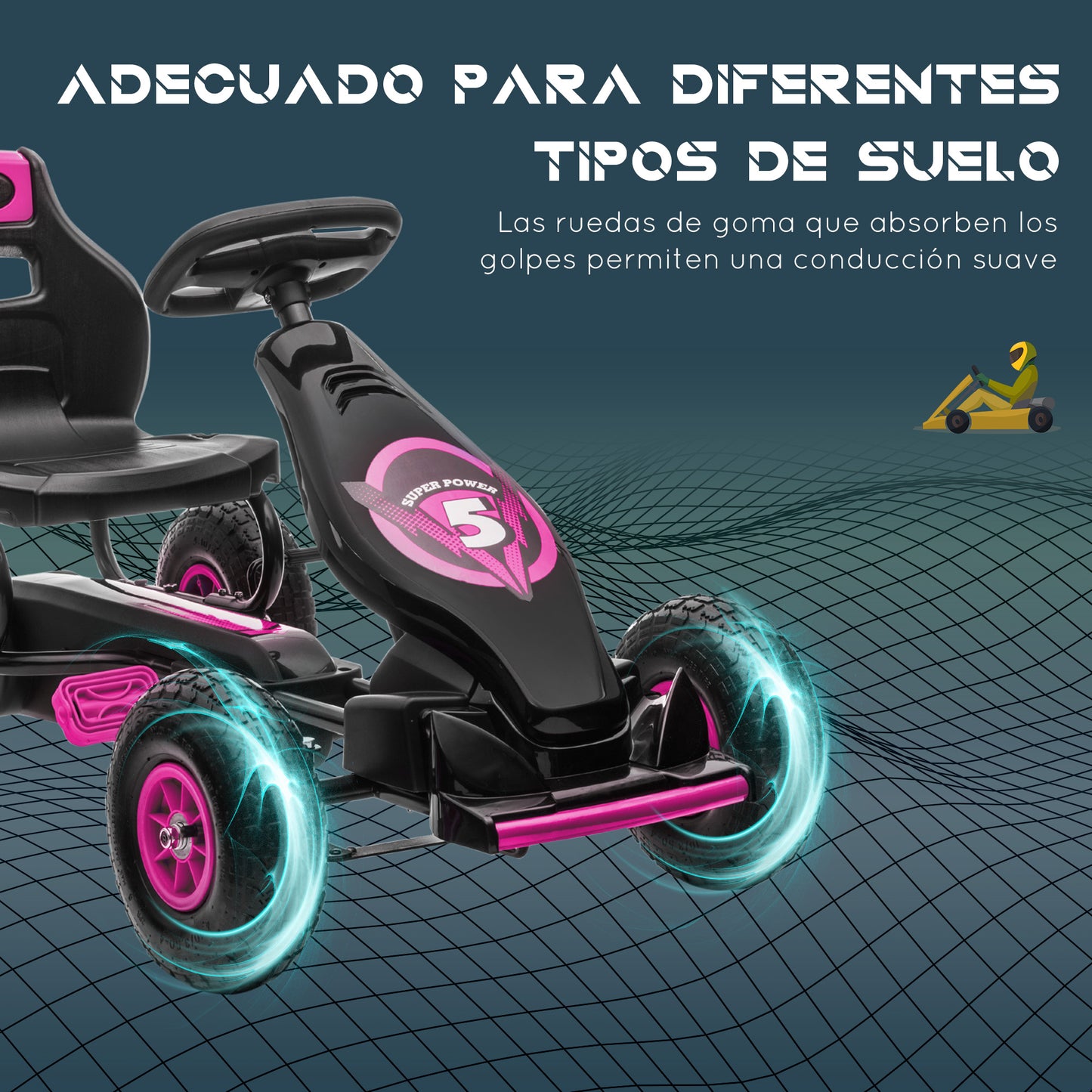 HOMCOM Kart Pedales Coche de Pedales para Niños de 5-12 Años con Asiento Ajustable Neumáticos Inflables Amortiguador y Freno de Mano Carga 50 kg Rosa