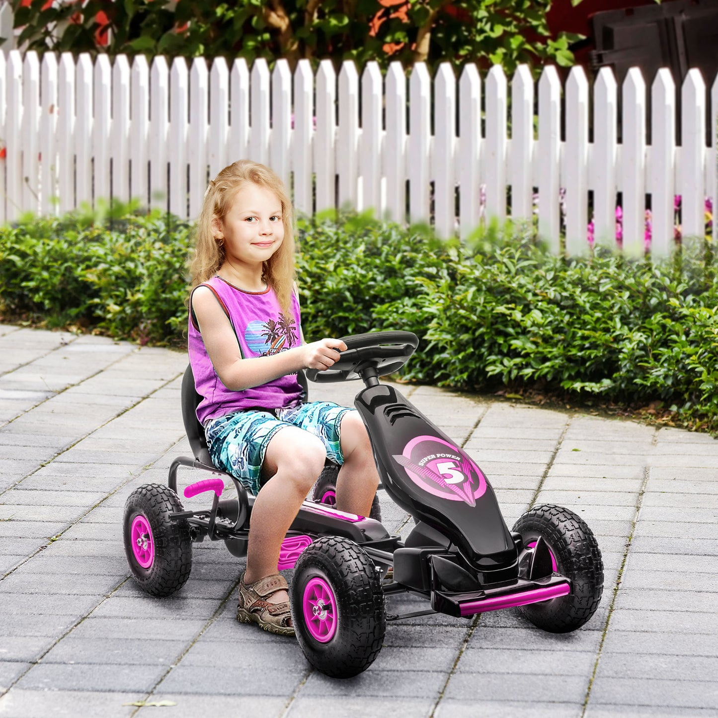 HOMCOM Kart Pedales Coche de Pedales para Niños de 5-12 Años con Asiento Ajustable Neumáticos Inflables Amortiguador y Freno de Mano Carga 50 kg Rosa