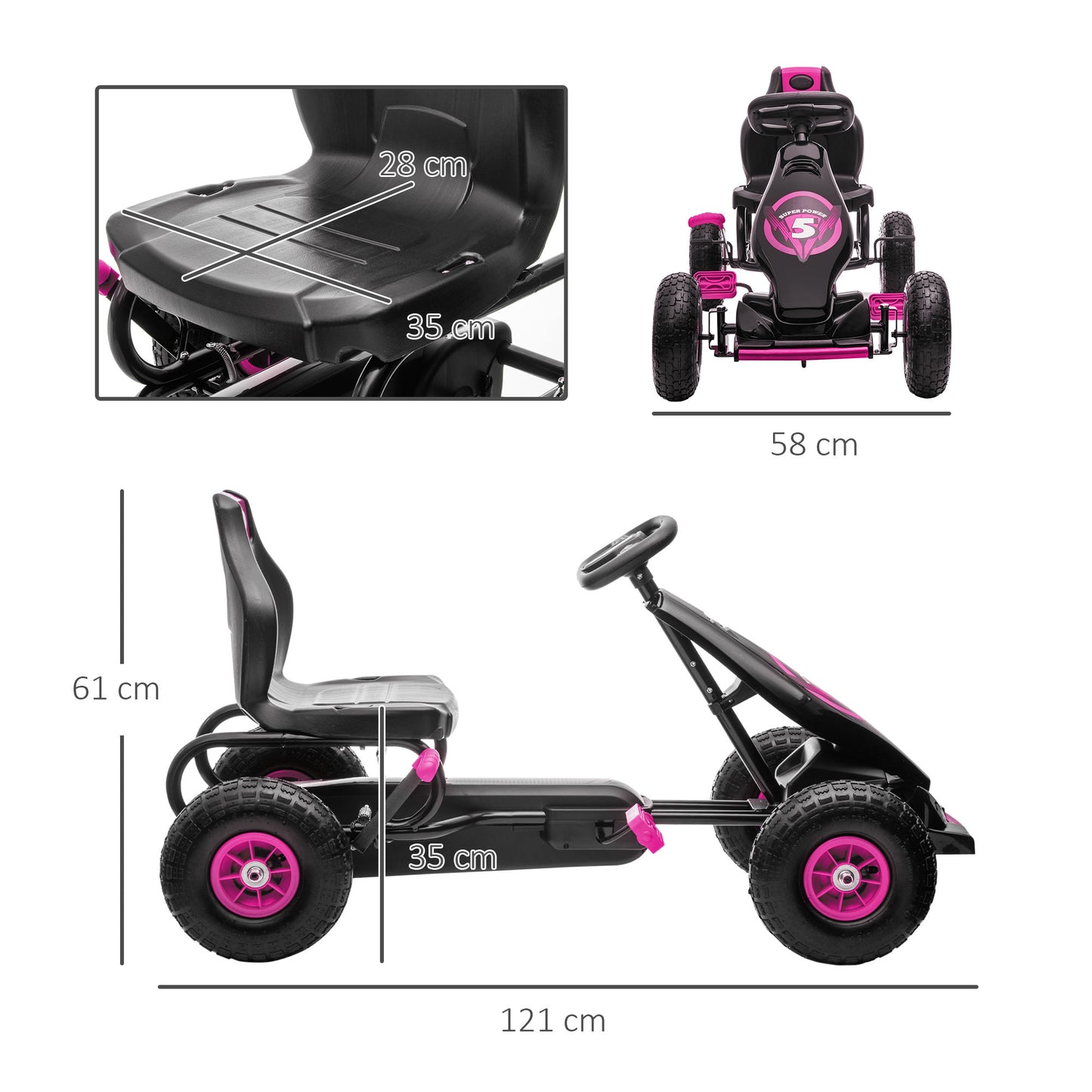 HOMCOM Kart Pedales Coche de Pedales para Niños de 5-12 Años con Asiento Ajustable Neumáticos Inflables Amortiguador y Freno de Mano Carga 50 kg Rosa