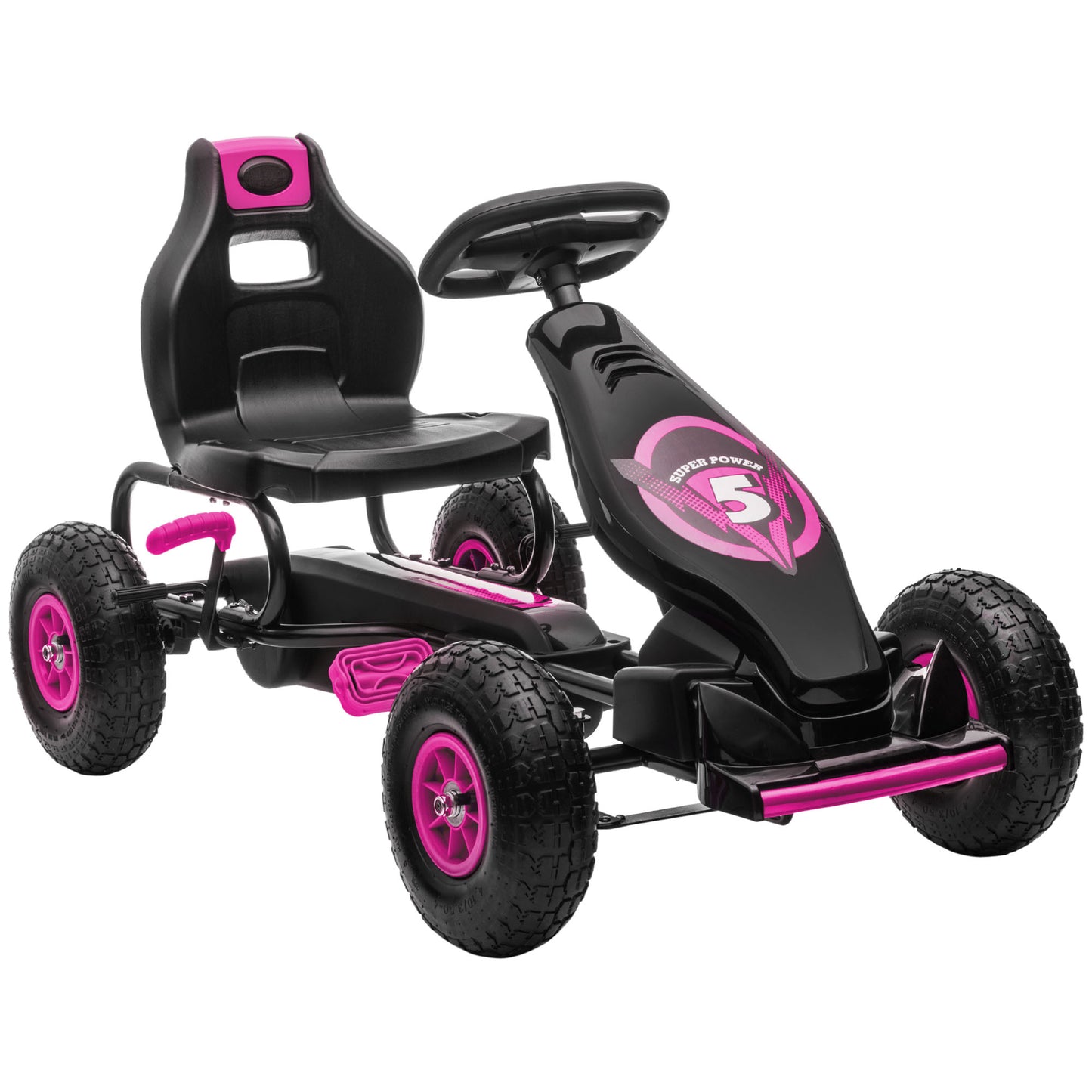 HOMCOM Kart Pedales Coche de Pedales para Niños de 5-12 Años con Asiento Ajustable Neumáticos Inflables Amortiguador y Freno de Mano Carga 50 kg Rosa