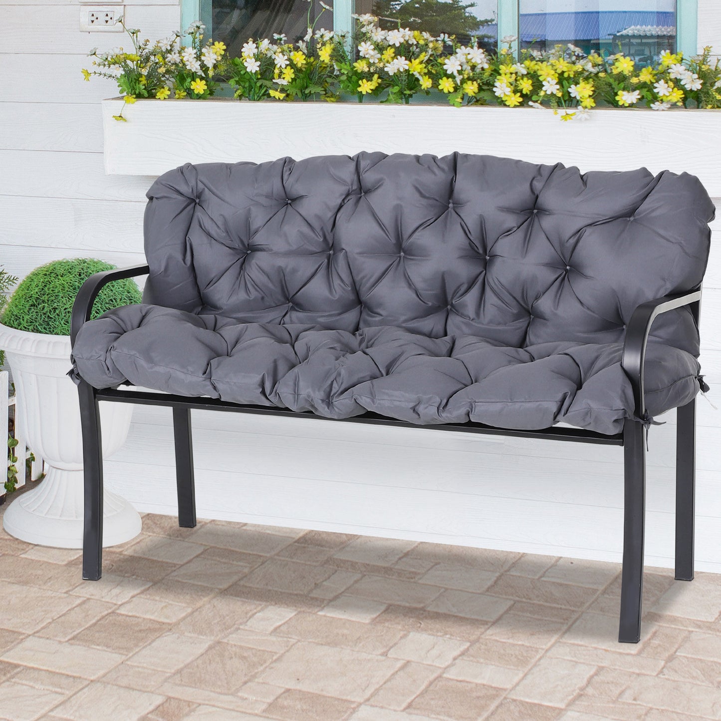 Outsunny Cojín para Banco con Respaldo 132x110x10 cm Colchón de Banco de Jardín de 2 Plazas con 6 Cordones de Fijación para Columpio de Jardín Terraza Gris Oscuro