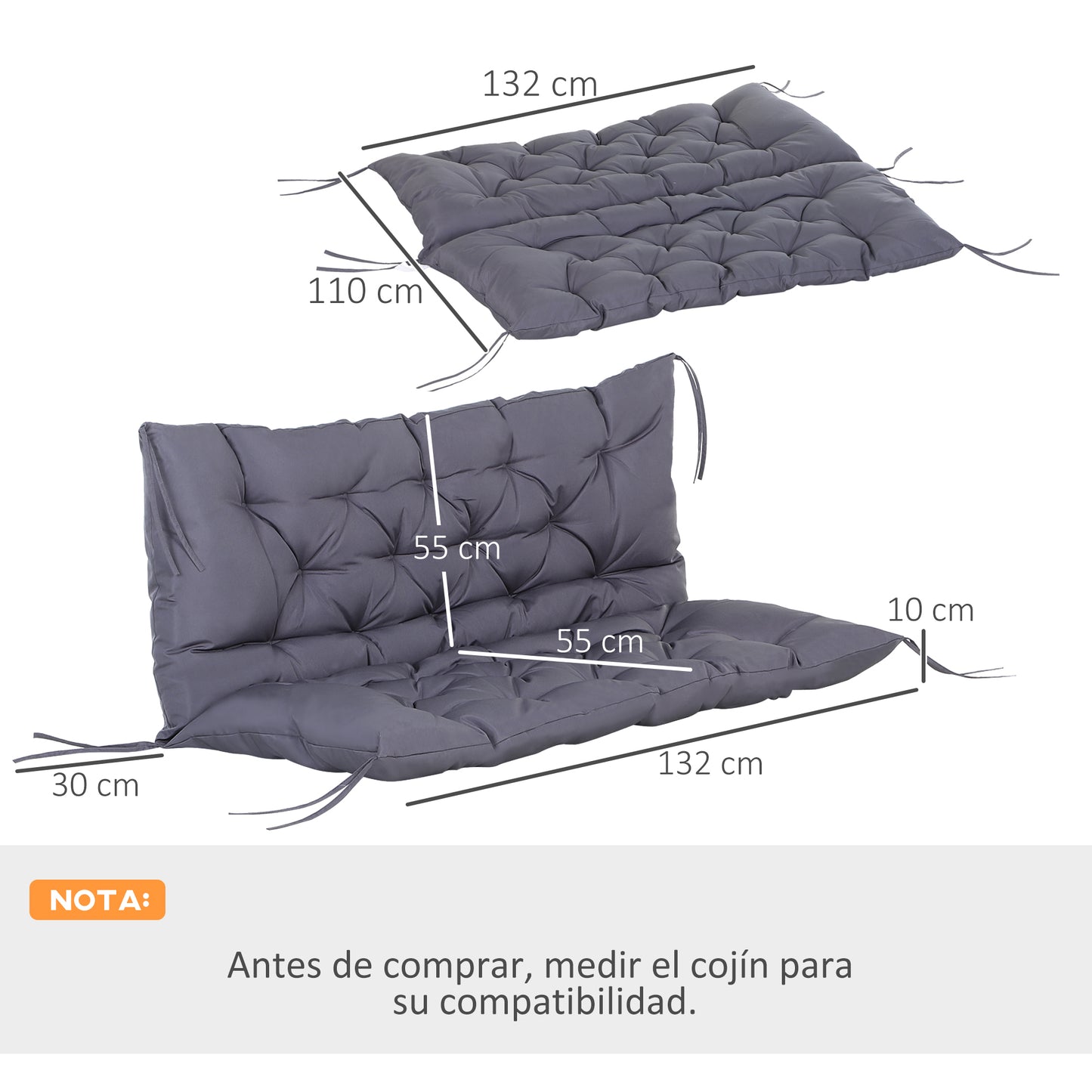 Outsunny Cojín para Banco con Respaldo 132x110x10 cm Colchón de Banco de Jardín de 2 Plazas con 6 Cordones de Fijación para Columpio de Jardín Terraza Gris Oscuro