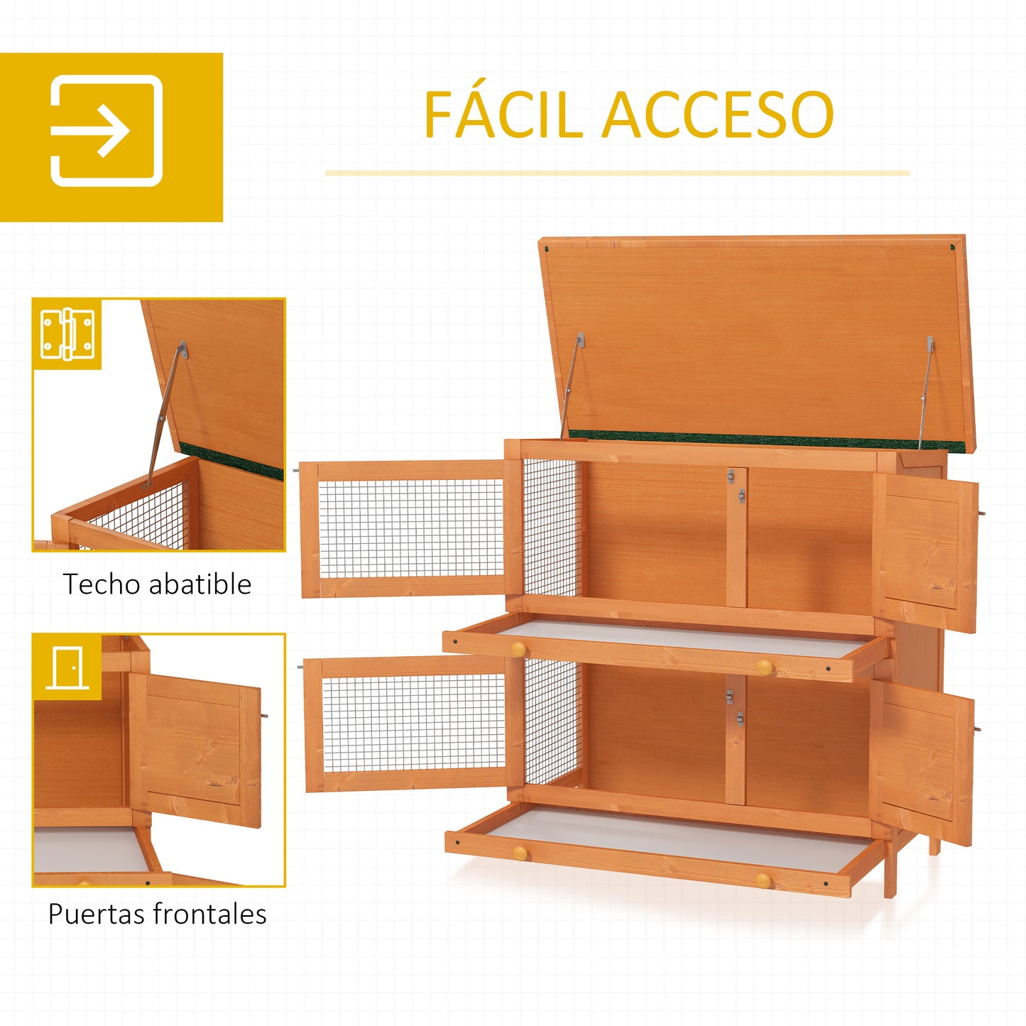 PawHut Conejera de Madera Exterior de 2 Niveles Jaula para 1-2 Conejos Mascotas Pequeñas con Techo Asfáltico Abrible y 2 Bandejas Extraíbles 90x45x90 cm Madera Natural