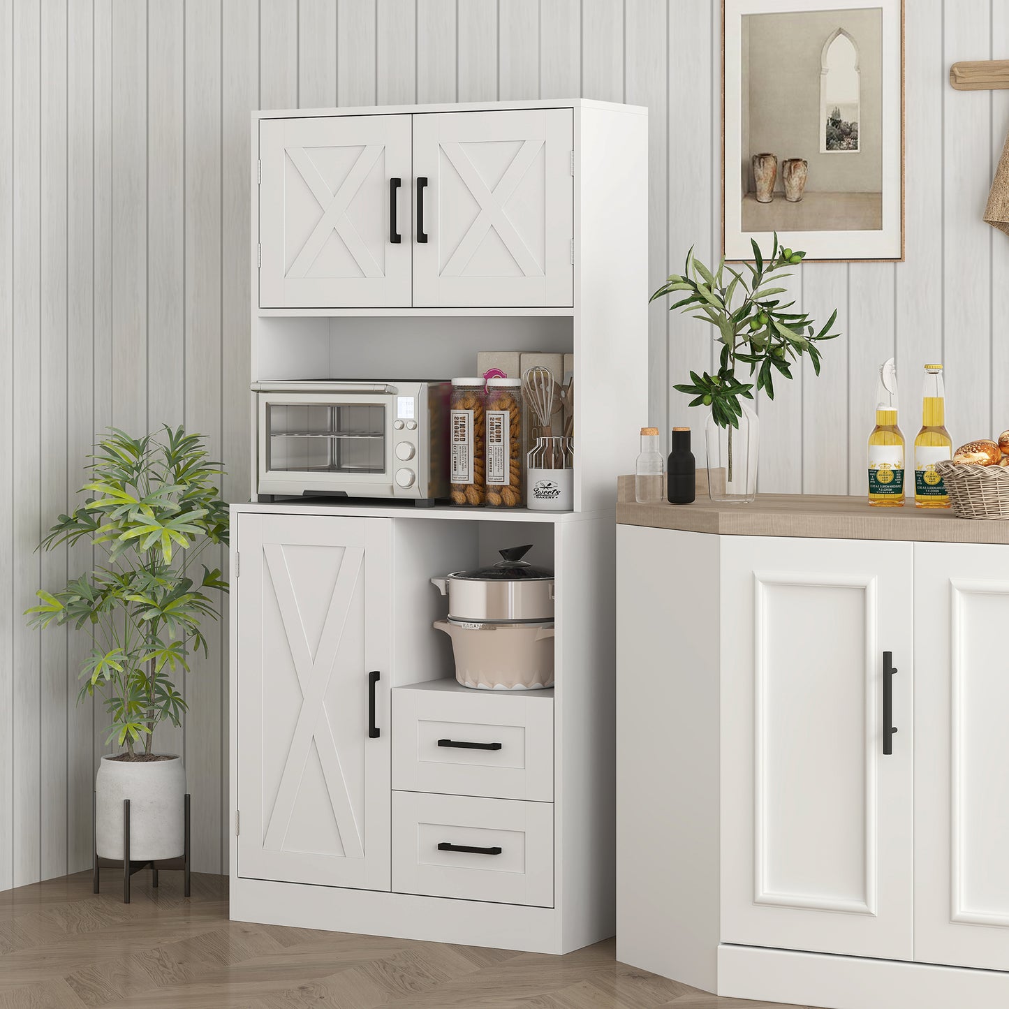 HOMCOM Alacena de Cocina Rústico Armario de Cocina Mueble Auxiliar de Cocina con Puertas Compartimentos Abiertos Cajones y Estantes Ajustables Antivuelco para Comedor Salón 70x40x180 cm Blanco