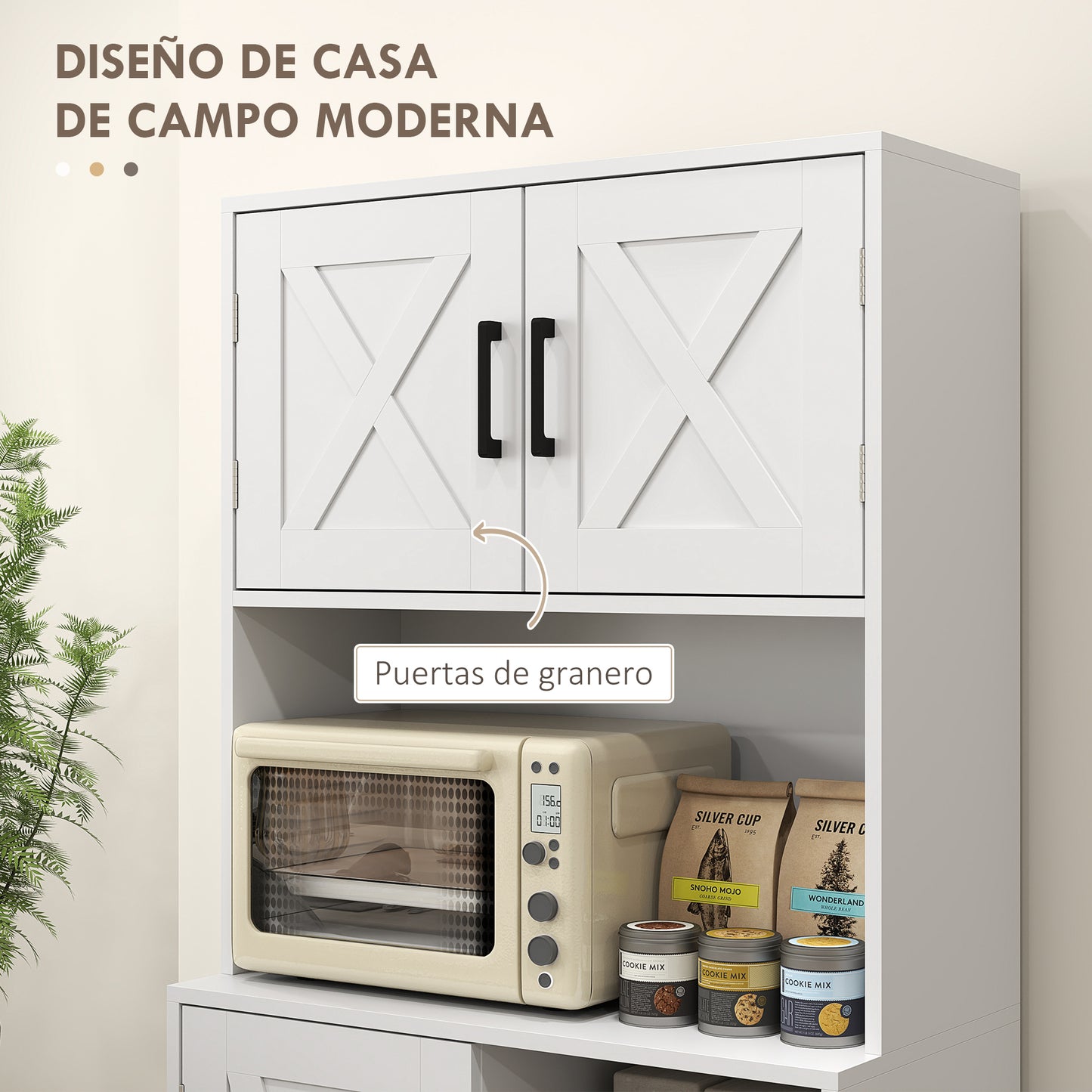 HOMCOM Alacena de Cocina Rústico Armario de Cocina Mueble Auxiliar de Cocina con Puertas Compartimentos Abiertos Cajones y Estantes Ajustables Antivuelco para Comedor Salón 70x40x180 cm Blanco