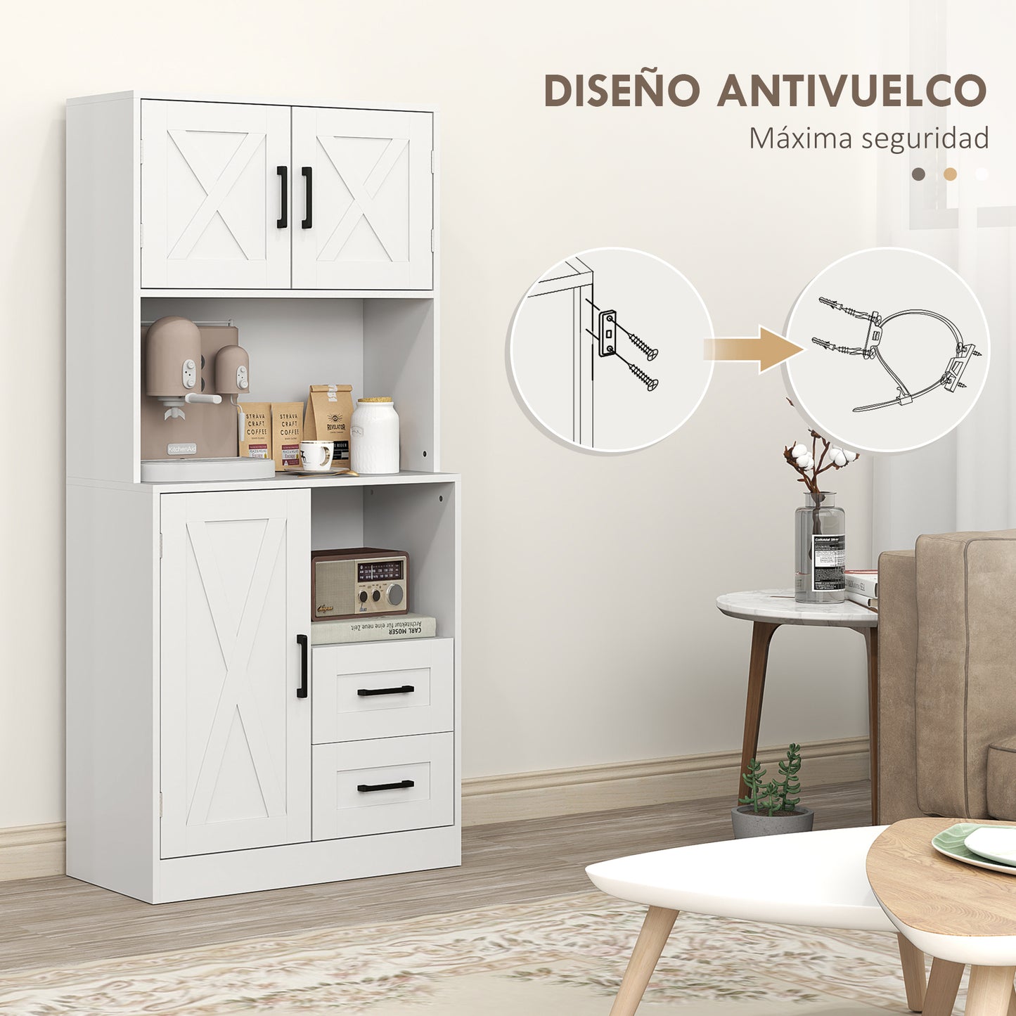 HOMCOM Alacena de Cocina Rústico Armario de Cocina Mueble Auxiliar de Cocina con Puertas Compartimentos Abiertos Cajones y Estantes Ajustables Antivuelco para Comedor Salón 70x40x180 cm Blanco